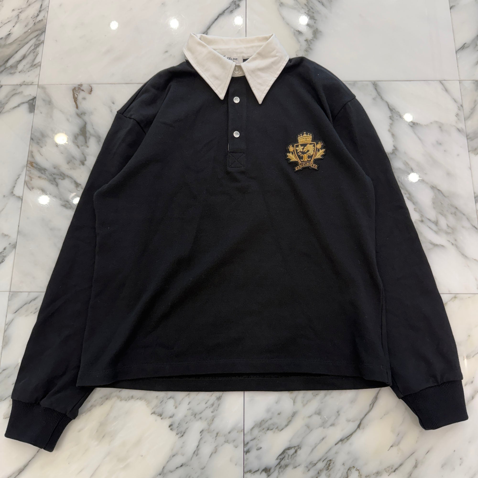 CELINE Logo Appliqué Twill Trim Cotton Long Sleeve Polo Shirt RX07P0S29.38AW Size XS セリーヌ ロゴ アップリケ ツイルトリム コットン 長袖 ポロシャツ サイズXS