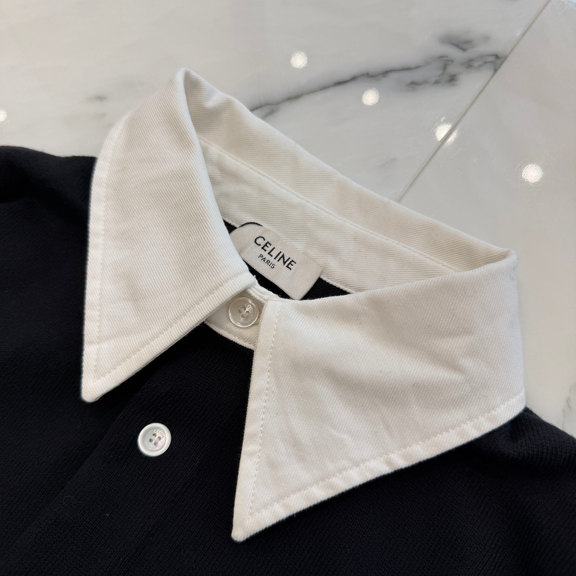 CELINE Logo Appliqué Twill Trim Cotton Long Sleeve Polo Shirt RX07P0S29.38AW Size XS セリーヌ ロゴ アップリケ ツイルトリム コットン 長袖 ポロシャツ サイズXS