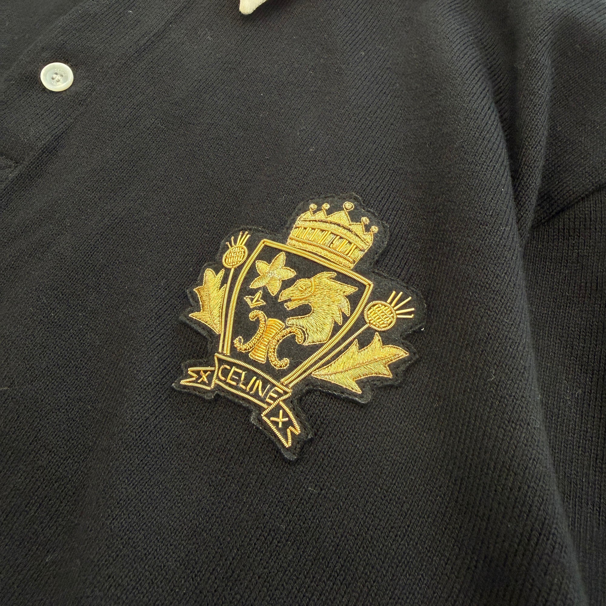 CELINE Logo Appliqué Twill Trim Cotton Long Sleeve Polo Shirt RX07P0S29.38AW Size XS セリーヌ ロゴ アップリケ ツイルトリム コットン 長袖 ポロシャツ サイズXS