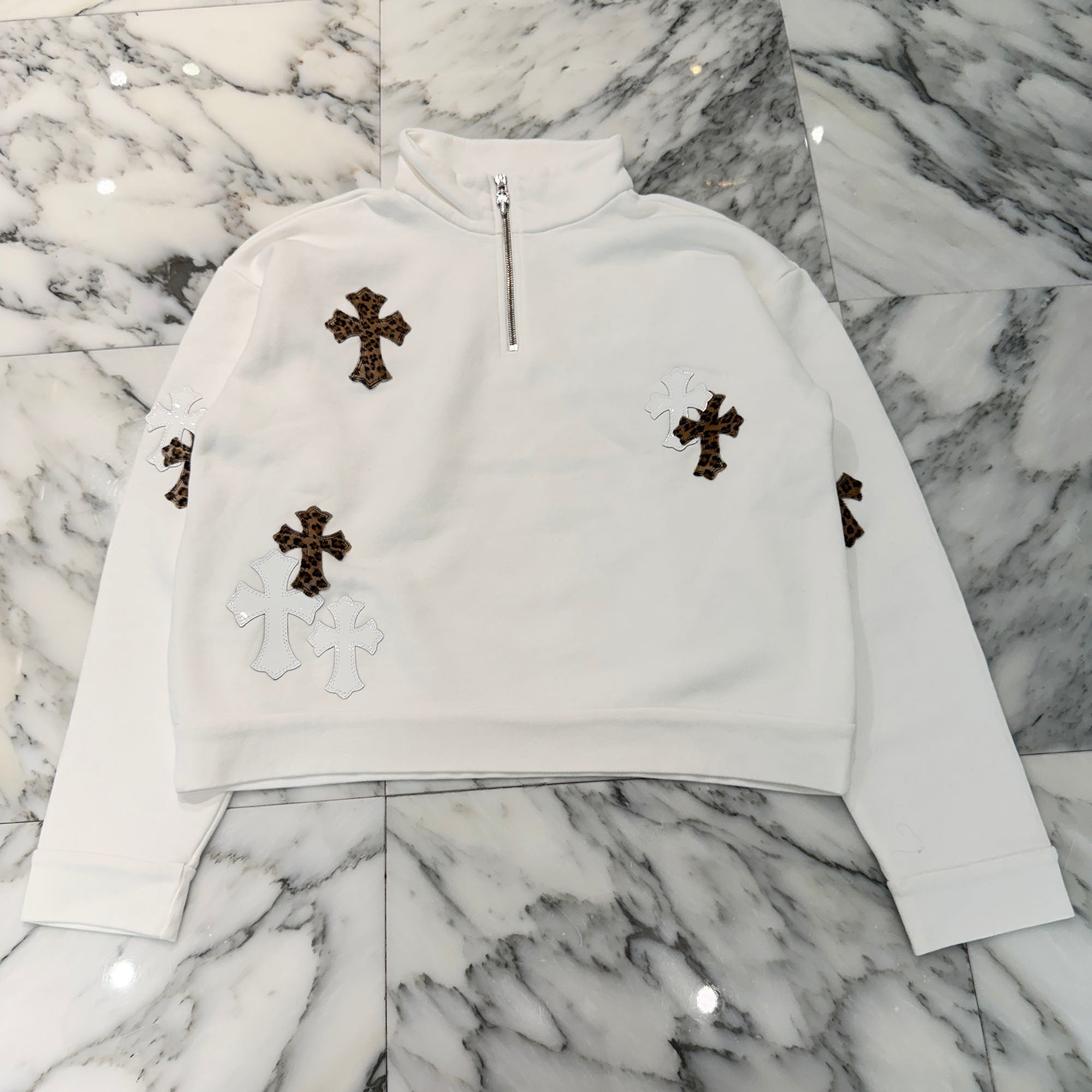 CHROME HEARTS Y NOT Multi Leather Cross Patch Half Zip Sweatshirt Size S クロムハーツ ワイノット マルチレザークロスパッチ ハーフジップ スウェットシャツ サイズS