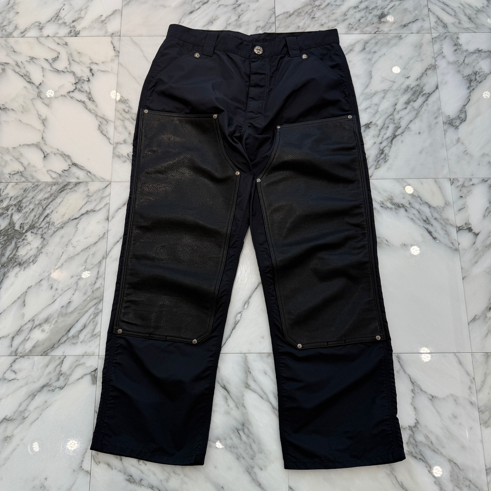 CHROME HEARTS Carpenter Leather Cross Patch Nylon Leather Work Pants Size 33 クロムハーツ カーペンター レザークロスパッチ ナイロン レザー 切替 ワークパンツ サイズ33