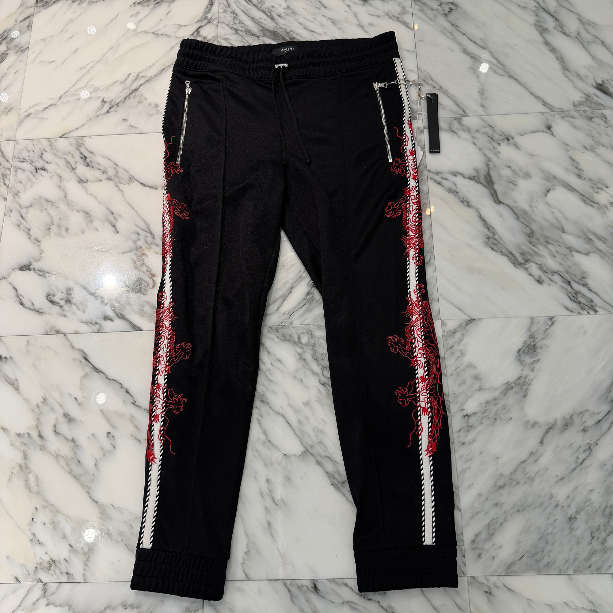 AMIRI Dragon Pattern Embroidered Striped Outseam Jogging Pants F9M09113PLTAR Size L アミリ ドラゴン柄刺繍ストライプアウトシームジョギングパンツ サイズL
