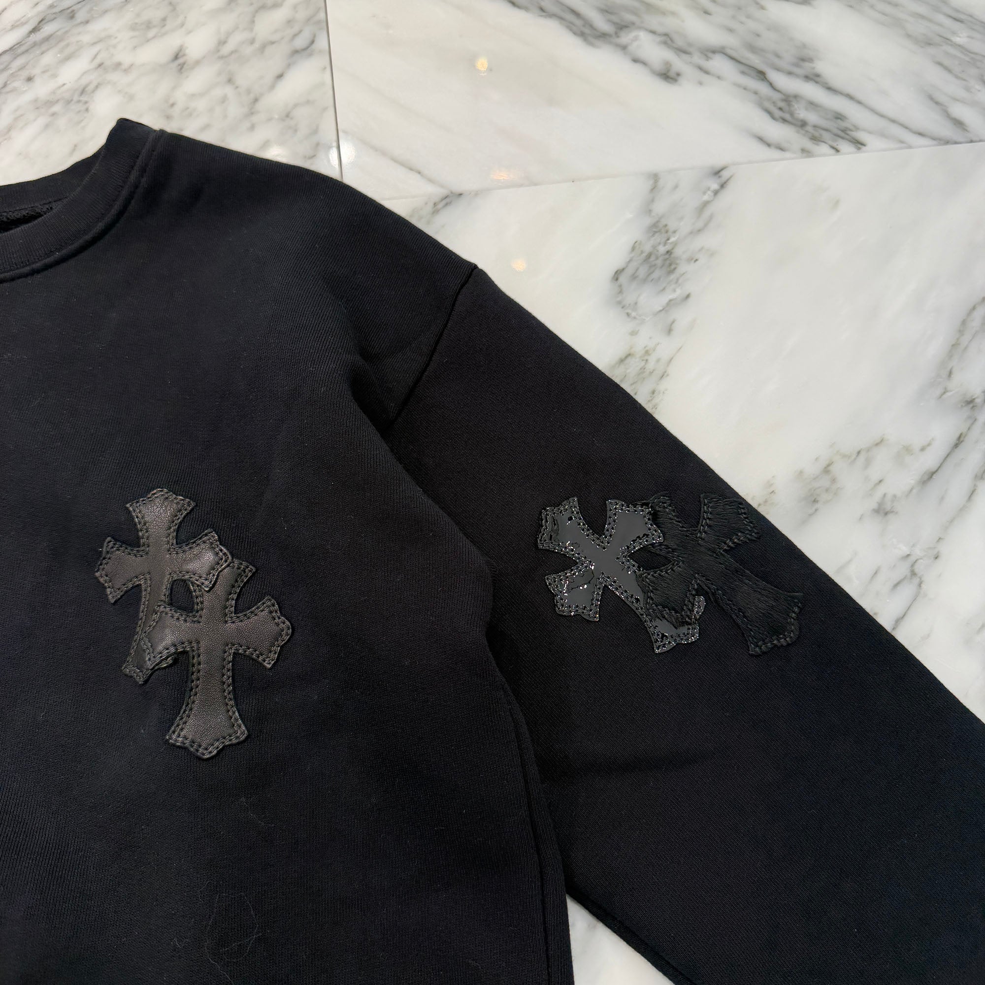 CHROME HEARTS Y NOT Multi Leather Cross Patch Sweatshirt Size XS クロムハーツ ワイノット マルチレザークロスパッチ スウェットシャツ サイズXS