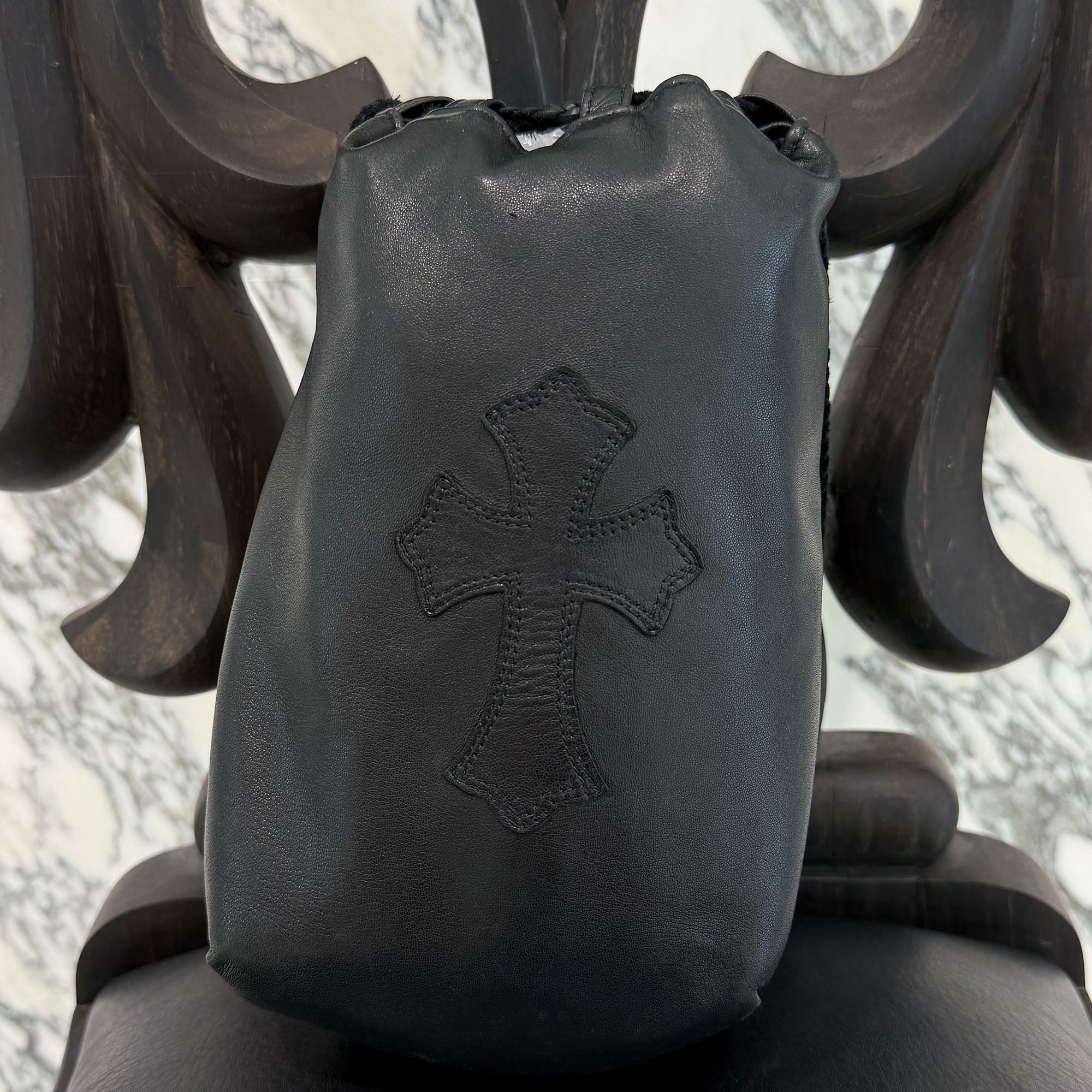 CHROME HEARTS Leather Cross Patch Drawstring Sack Leather Bag クロムハーツ レザークロスパッチ ドローストリング サックレザーバッグ 巾着