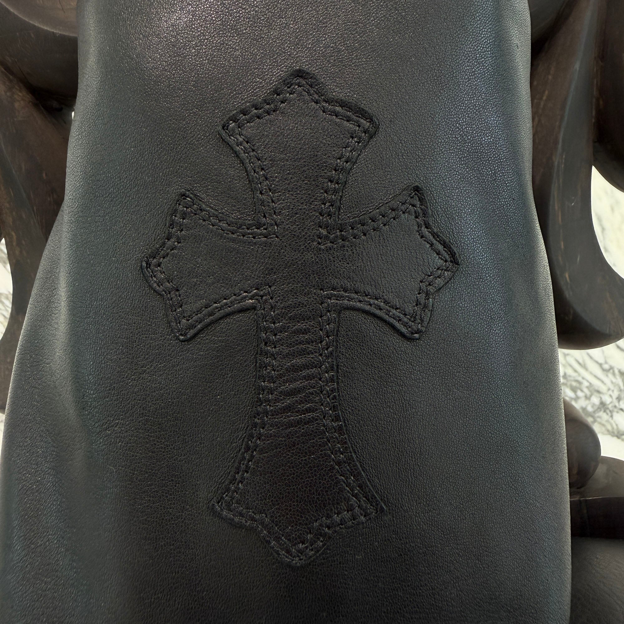 CHROME HEARTS Leather Cross Patch Drawstring Sack Leather Bag クロムハーツ レザークロスパッチ ドローストリング サックレザーバッグ 巾着