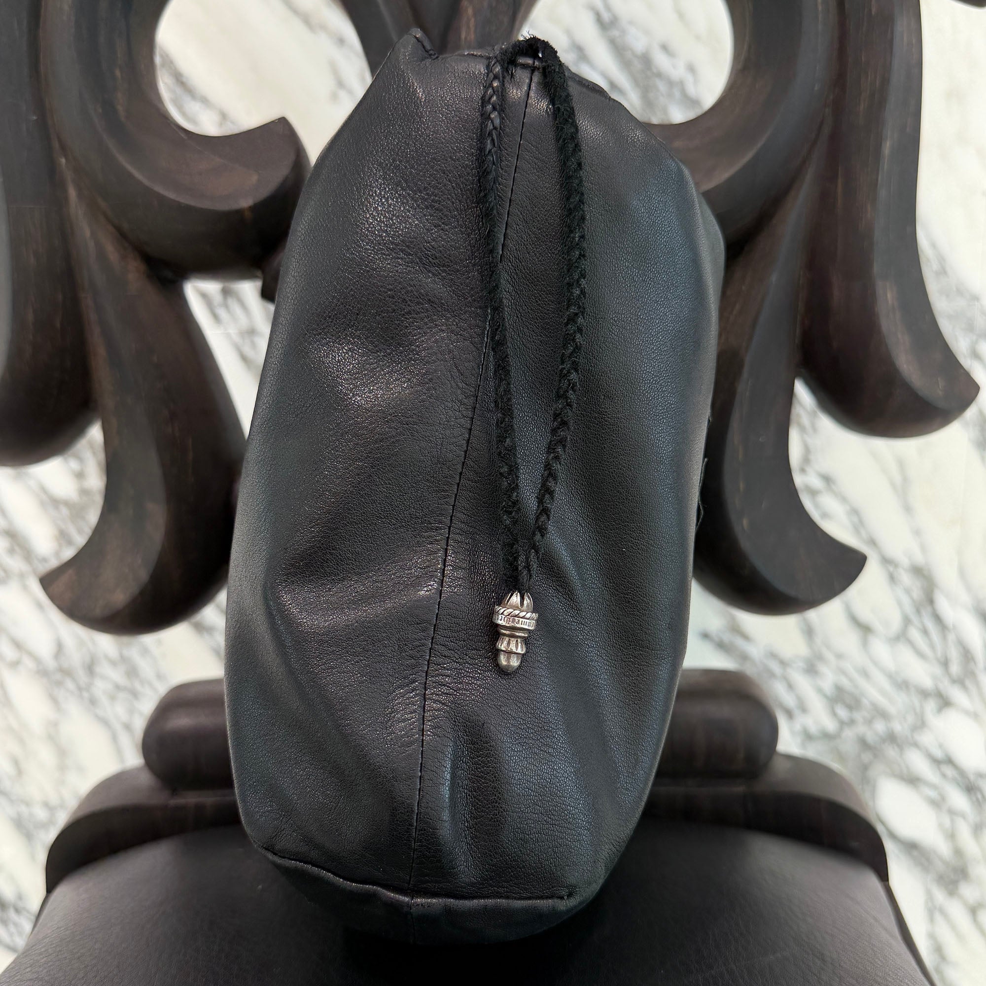 CHROME HEARTS Leather Cross Patch Drawstring Sack Leather Bag クロムハーツ レザークロスパッチ ドローストリング サックレザーバッグ 巾着