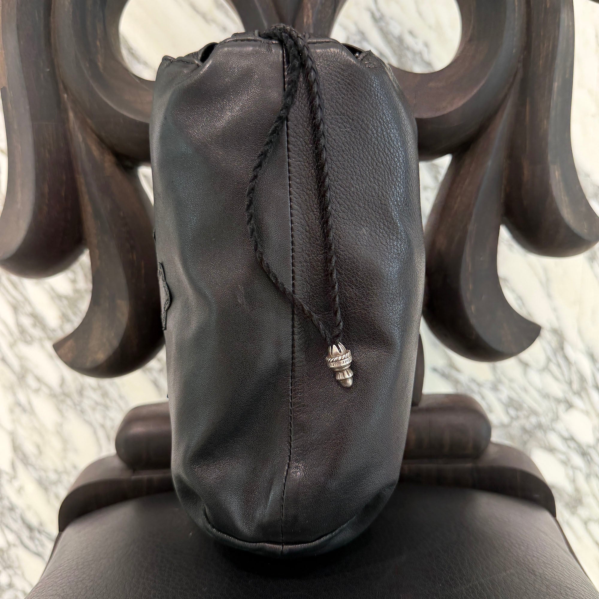CHROME HEARTS Leather Cross Patch Drawstring Sack Leather Bag クロムハーツ レザークロスパッチ ドローストリング サックレザーバッグ 巾着