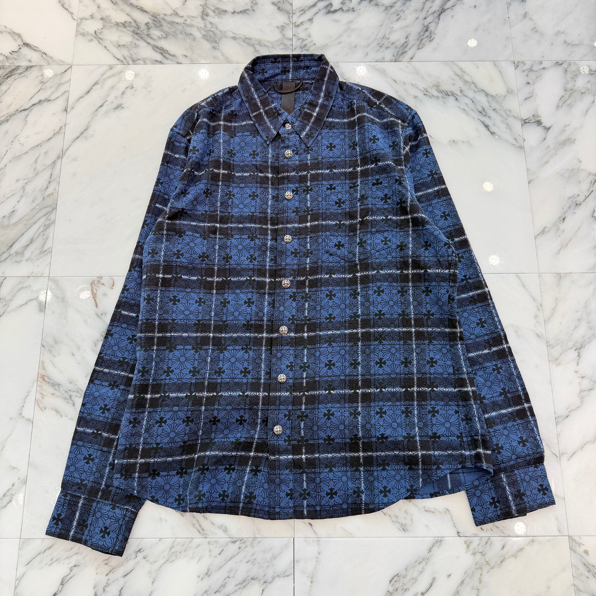 CHROME HEARTS Loose Ends Cross Leather Patch Check Shirt Size L クロムハーツ ルーズエンド クロスレザーパッチ チェック シャツ サイズL