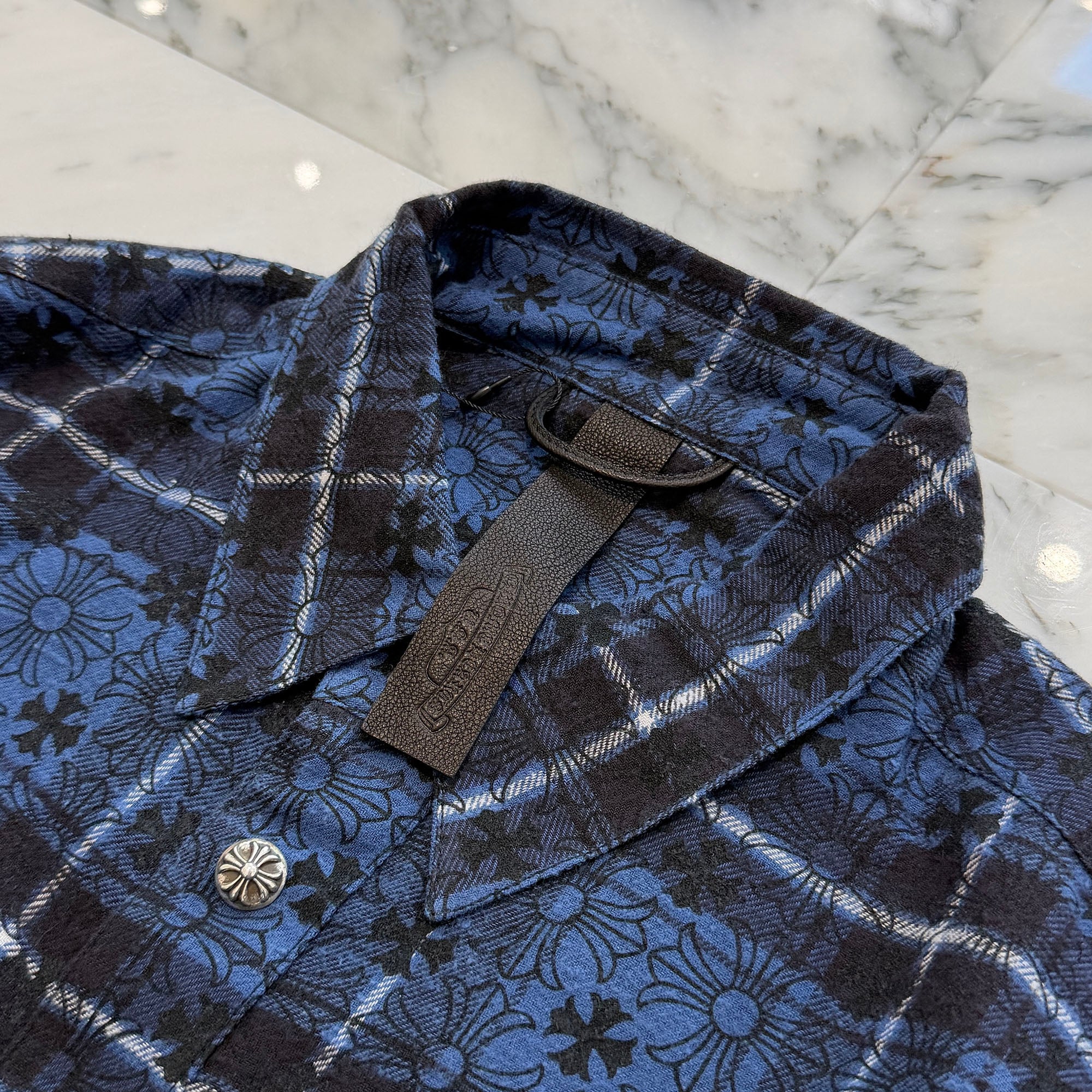 CHROME HEARTS Loose Ends Cross Leather Patch Check Shirt Size L クロムハーツ ルーズエンド クロスレザーパッチ チェック シャツ サイズL