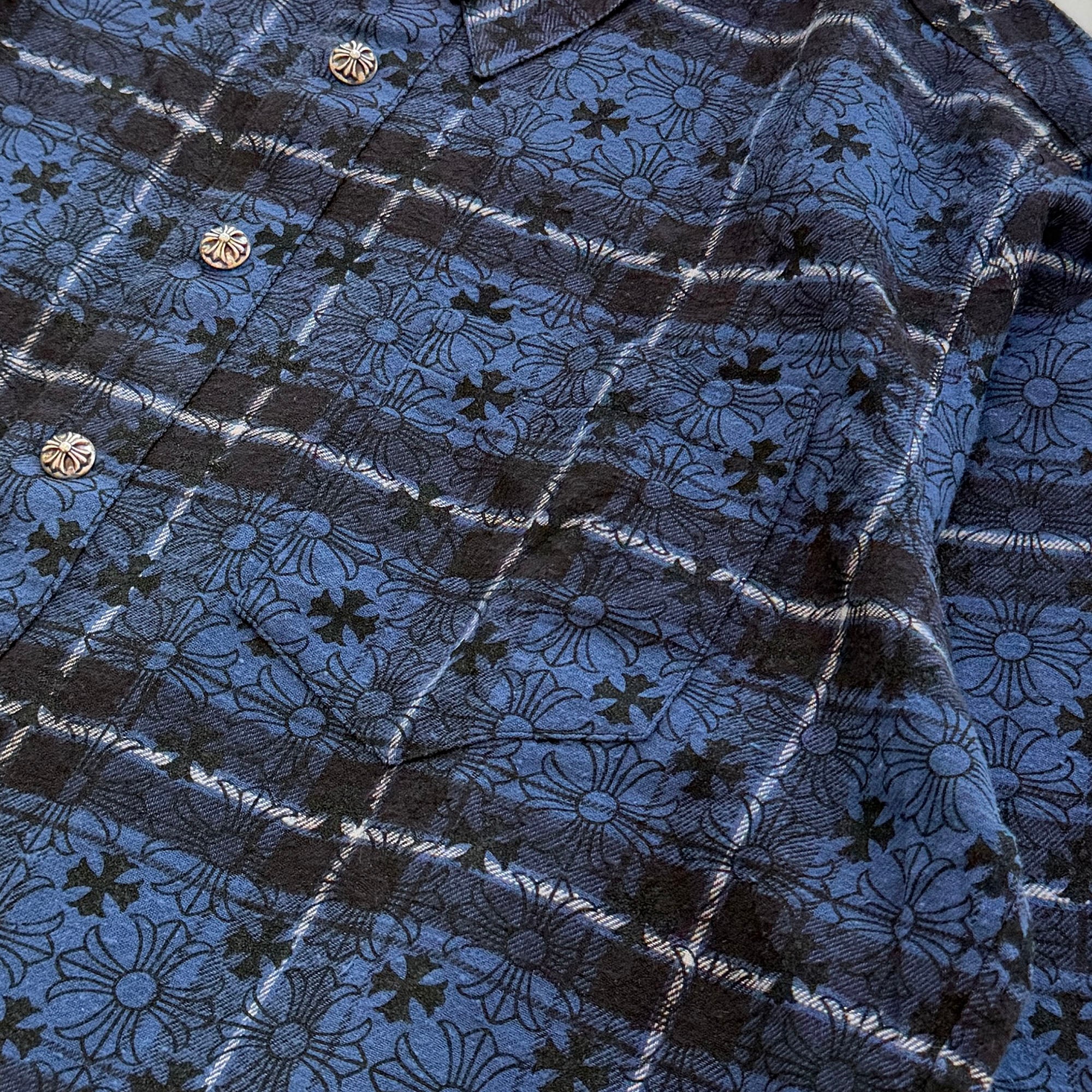 CHROME HEARTS Loose Ends Cross Leather Patch Check Shirt Size L クロムハーツ ルーズエンド クロスレザーパッチ チェック シャツ サイズL