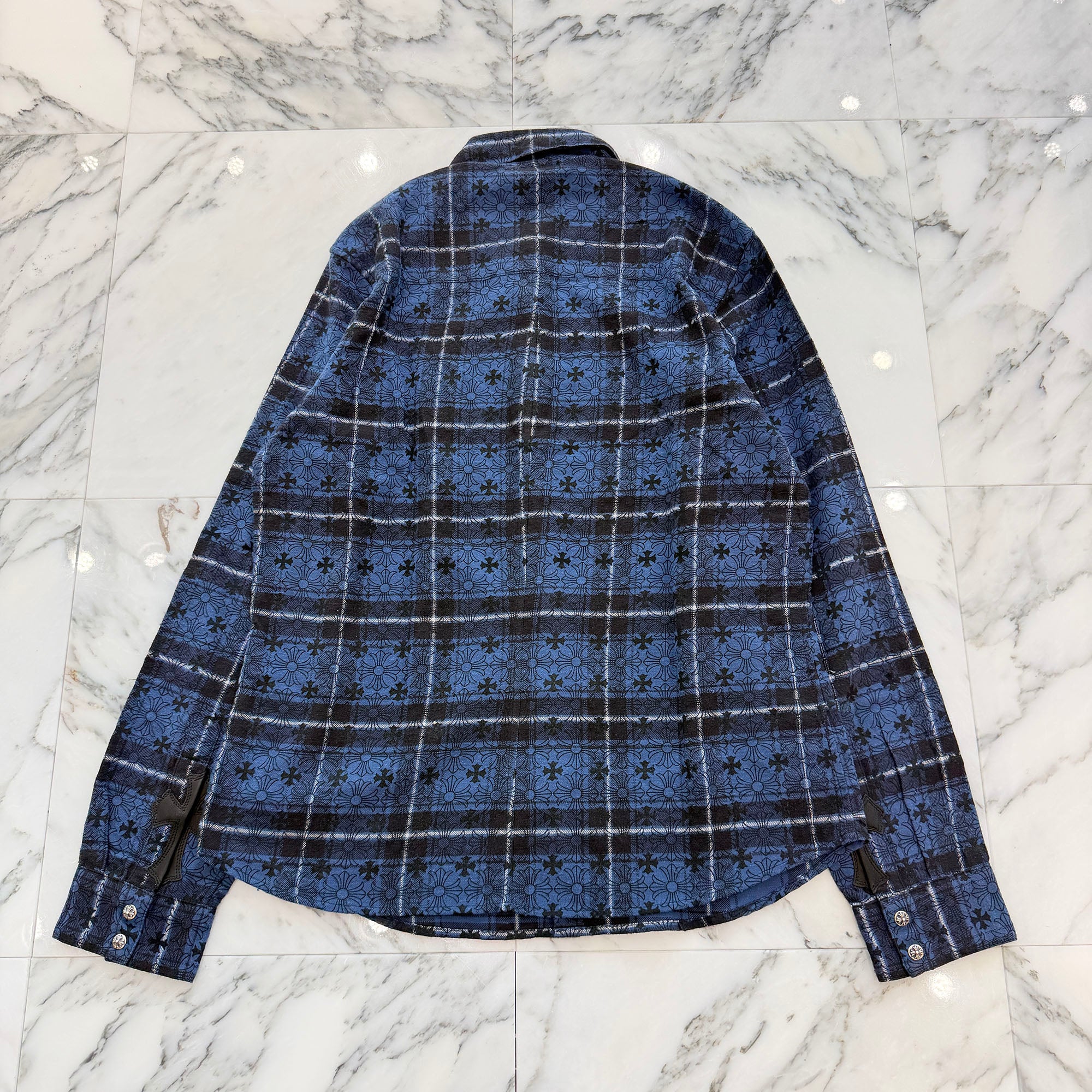 CHROME HEARTS Loose Ends Cross Leather Patch Check Shirt Size L クロムハーツ ルーズエンド クロスレザーパッチ チェック シャツ サイズL