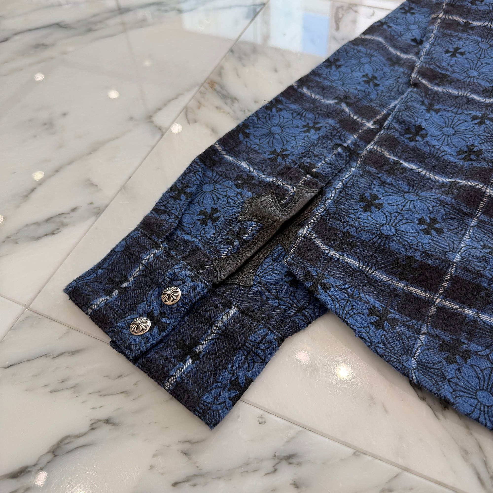 CHROME HEARTS Loose Ends Cross Leather Patch Check Shirt Size L クロムハーツ ルーズエンド クロスレザーパッチ チェック シャツ サイズL