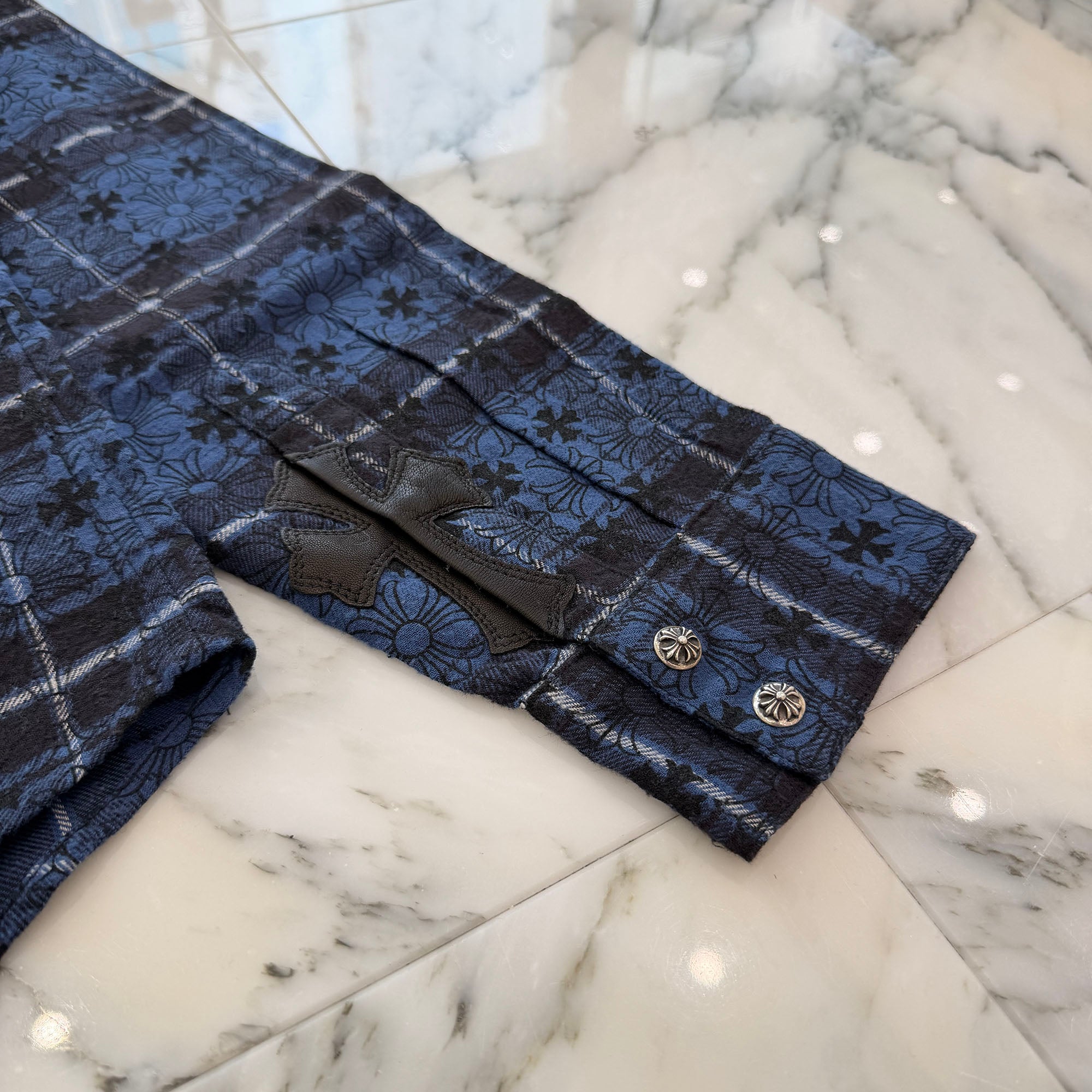 CHROME HEARTS Loose Ends Cross Leather Patch Check Shirt Size L クロムハーツ ルーズエンド クロスレザーパッチ チェック シャツ サイズL
