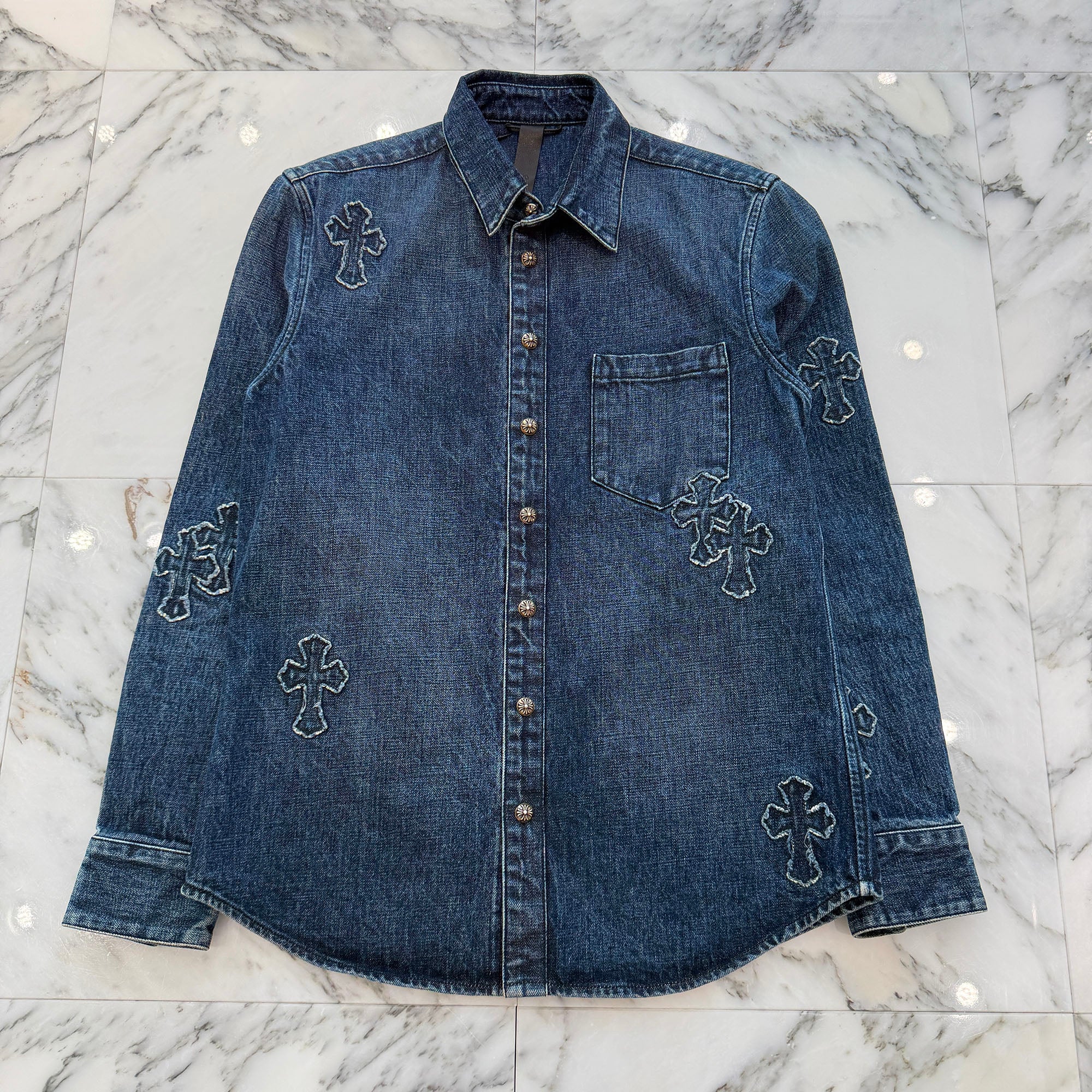 CHROME HEARTS YNOT Denim Cross Patch Shirt Jacket Size M クロムハーツ ワイノット デニムクロスパッチ シャツジャケット サイズM