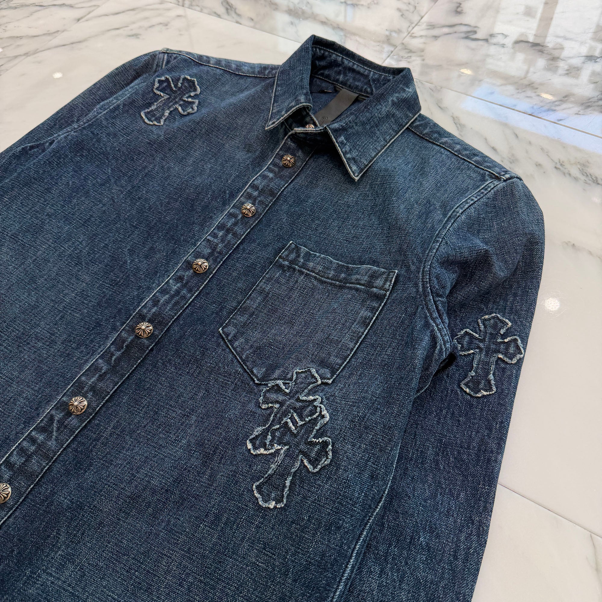 CHROME HEARTS YNOT Denim Cross Patch Shirt Jacket Size M クロムハーツ ワイノット デニムクロスパッチ シャツジャケット サイズM