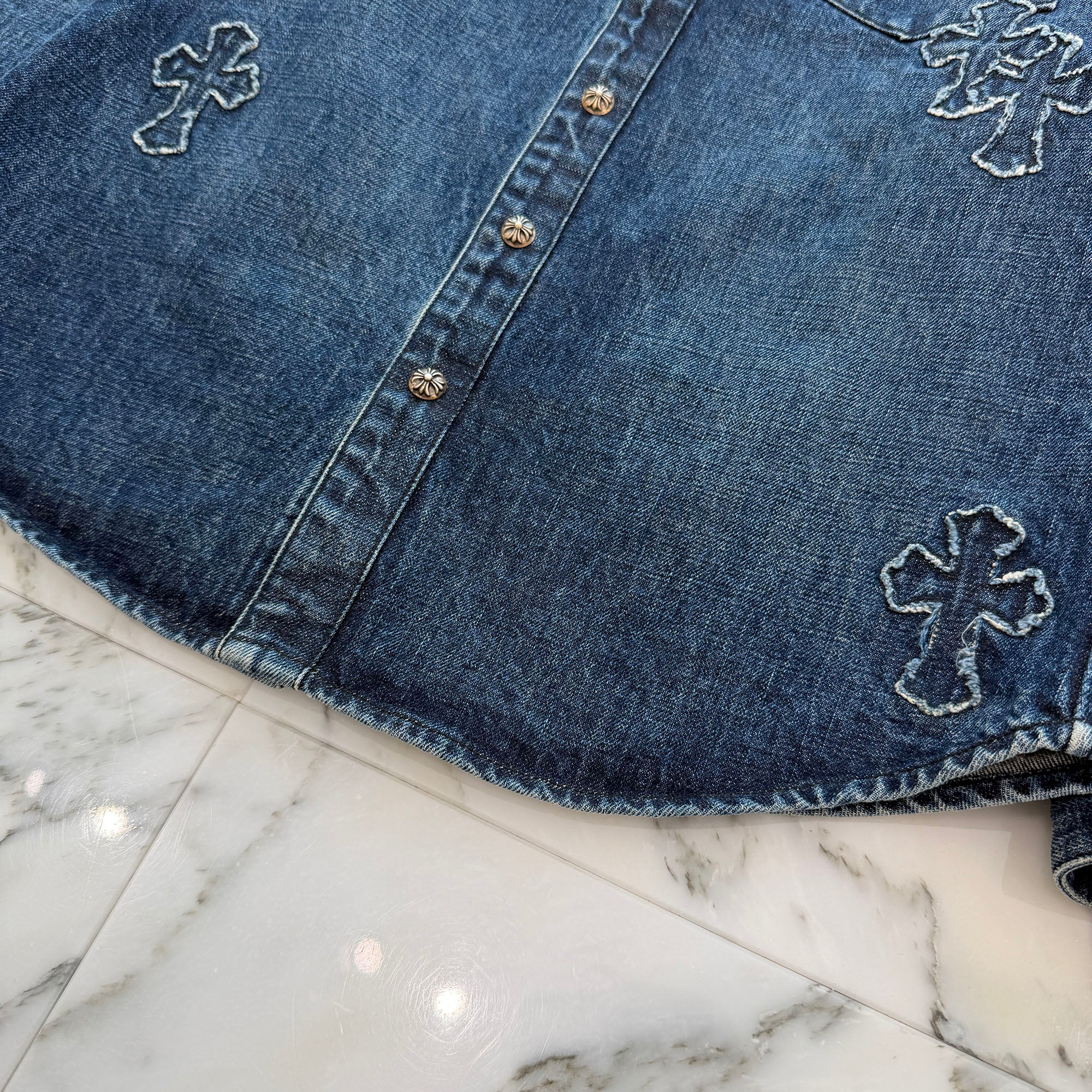 CHROME HEARTS YNOT Denim Cross Patch Shirt Jacket Size M クロムハーツ ワイノット デニムクロスパッチ シャツジャケット サイズM