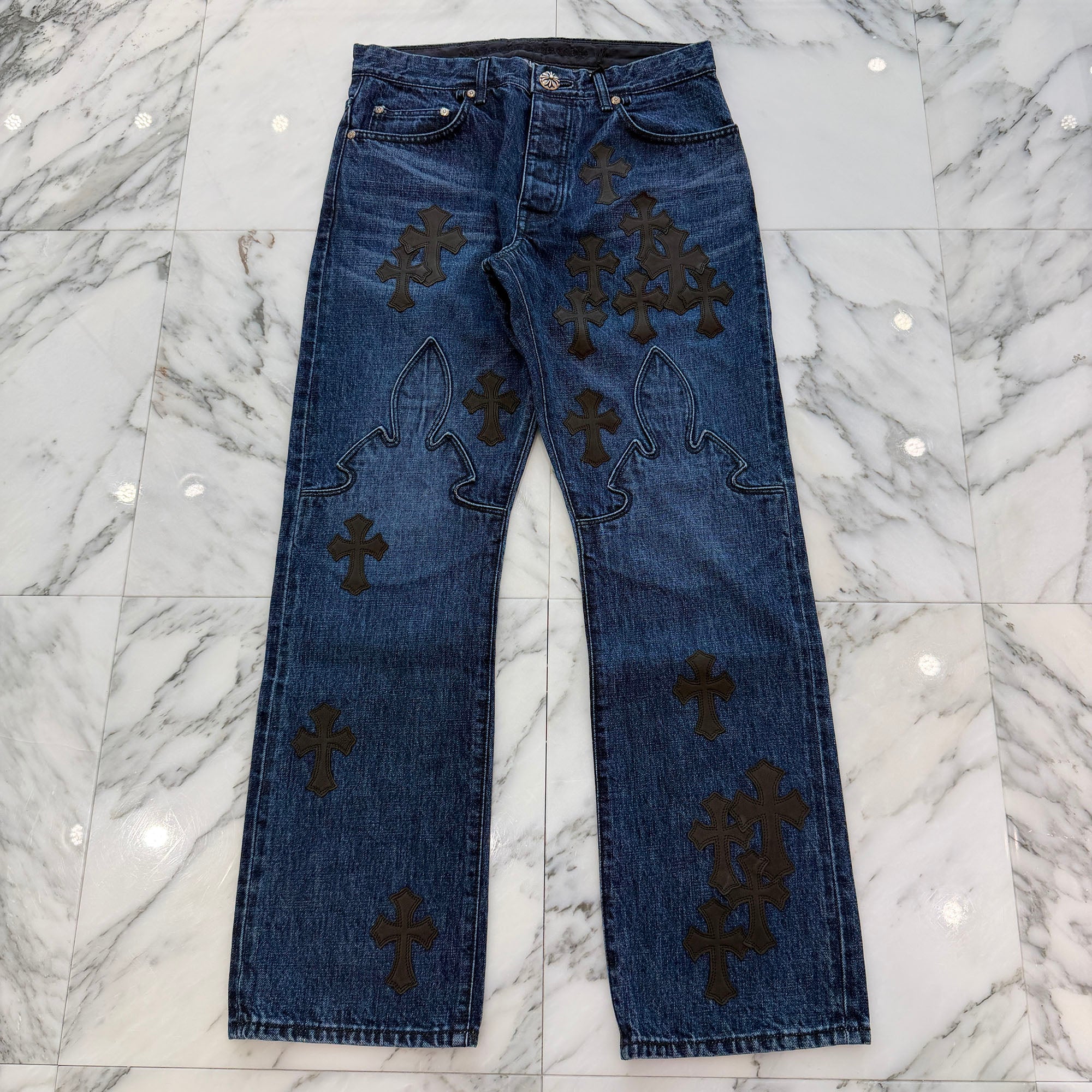 CHROME HEARTS Leather Cross Patch Cross Ball Button Flare Knee Denim Pants Size 32 クロムハーツ レザークロスパッチ クロスボールボタン フレアニー デニムパンツ サイズ32