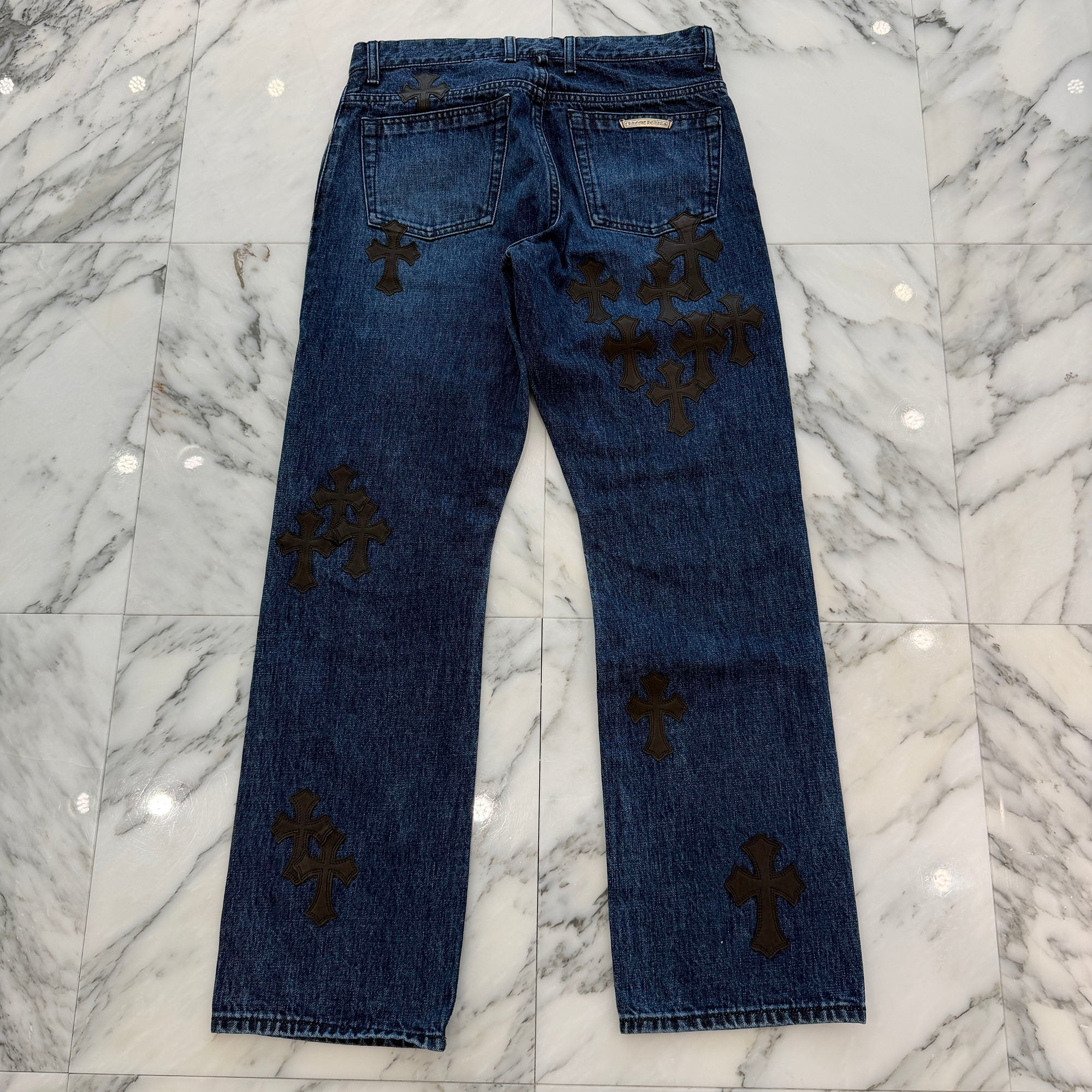 CHROME HEARTS Leather Cross Patch Cross Ball Button Flare Knee Denim Pants Size 32 クロムハーツ レザークロスパッチ クロスボールボタン フレアニー デニムパンツ サイズ32