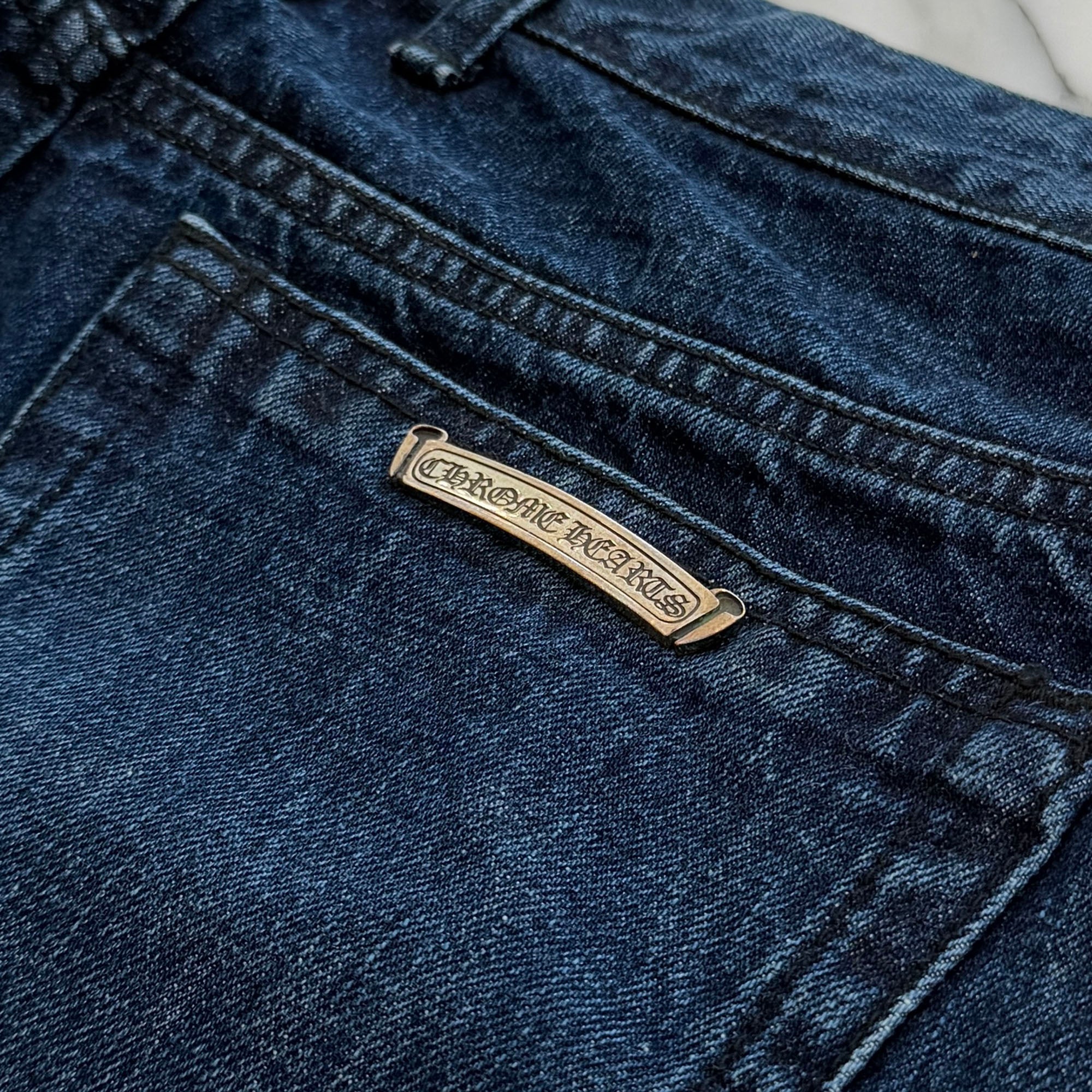 CHROME HEARTS Leather Cross Patch Cross Ball Button Flare Knee Denim Pants Size 32 クロムハーツ レザークロスパッチ クロスボールボタン フレアニー デニムパンツ サイズ32