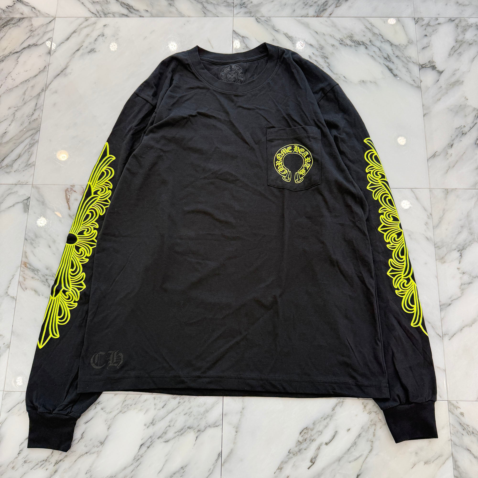 CHROME HEARTS Neon Yellow Floral Cross Horseshoe Long Sleeve Tee Size L クロムハーツ ネオンイエロー フローラルクロス ホースシュー ロングスリーブ Tシャツ サイズL