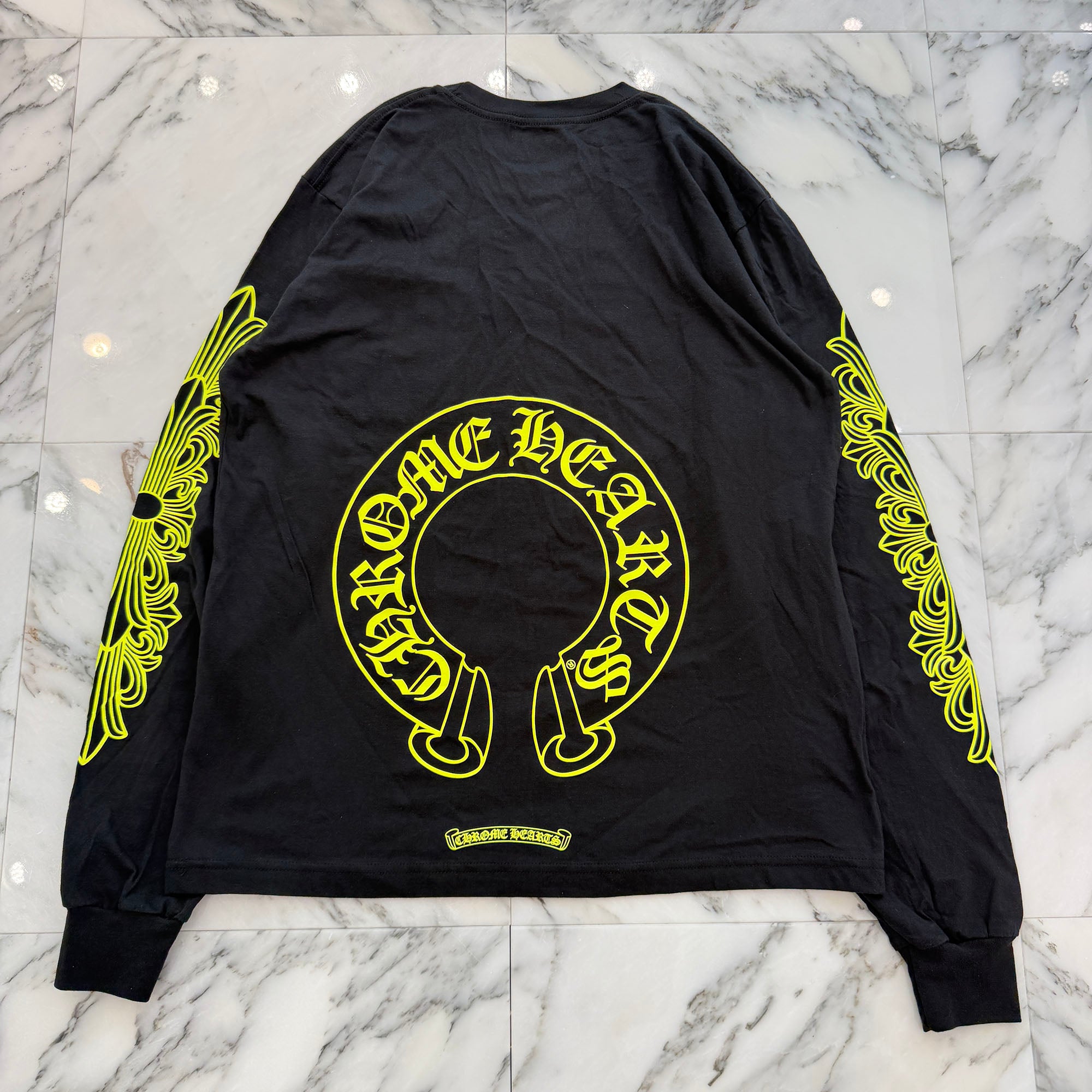 クロムハーツ ロンT フローラルクロス ネオンイエロー 黒 国内正規 CHROME HEARTS Neon Yellow Floral Cross Horseshoe Long Sleeve Tee