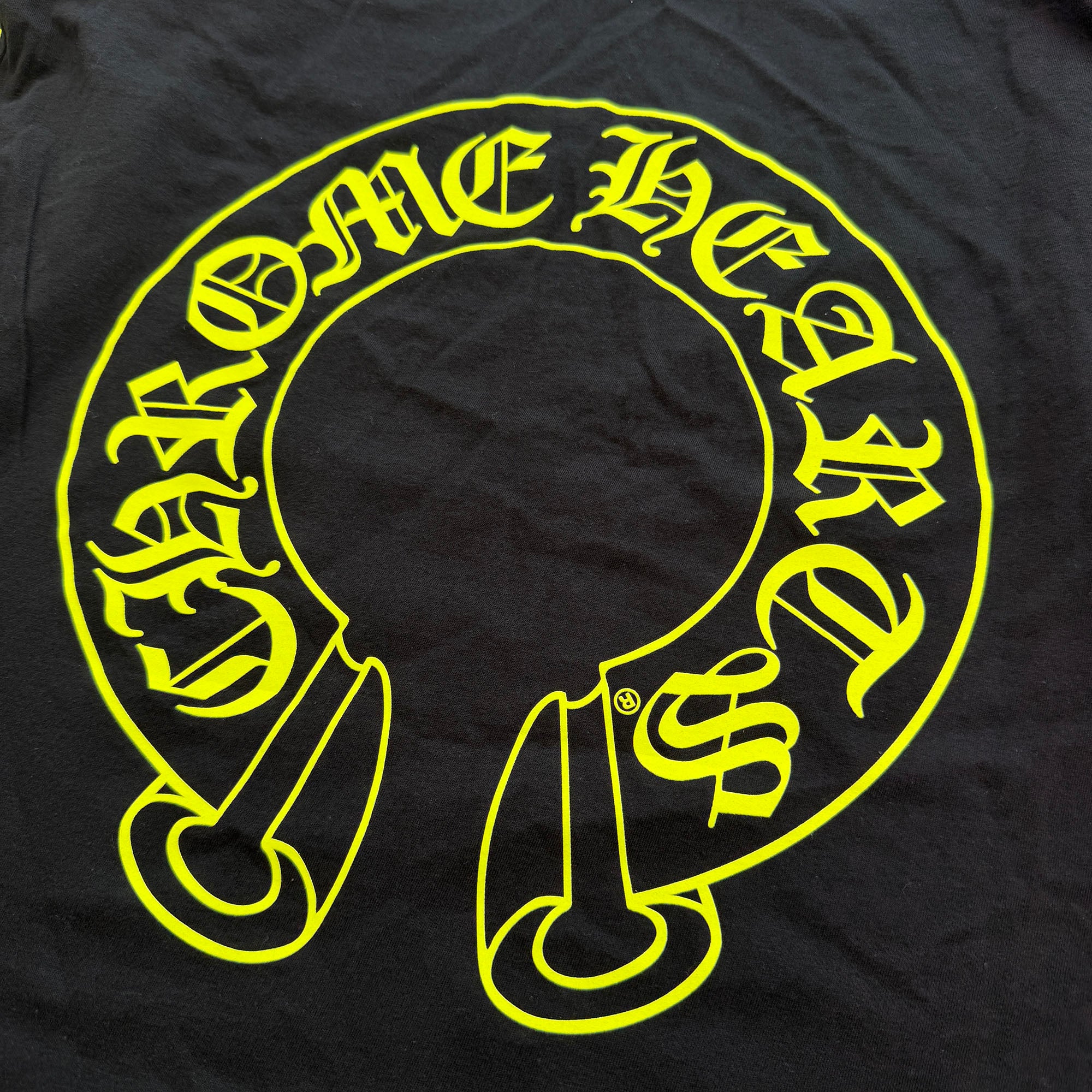 クロムハーツ ロンT フローラルクロス ネオンイエロー 黒 国内正規 CHROME HEARTS Neon Yellow Floral Cross Horseshoe Long Sleeve Tee