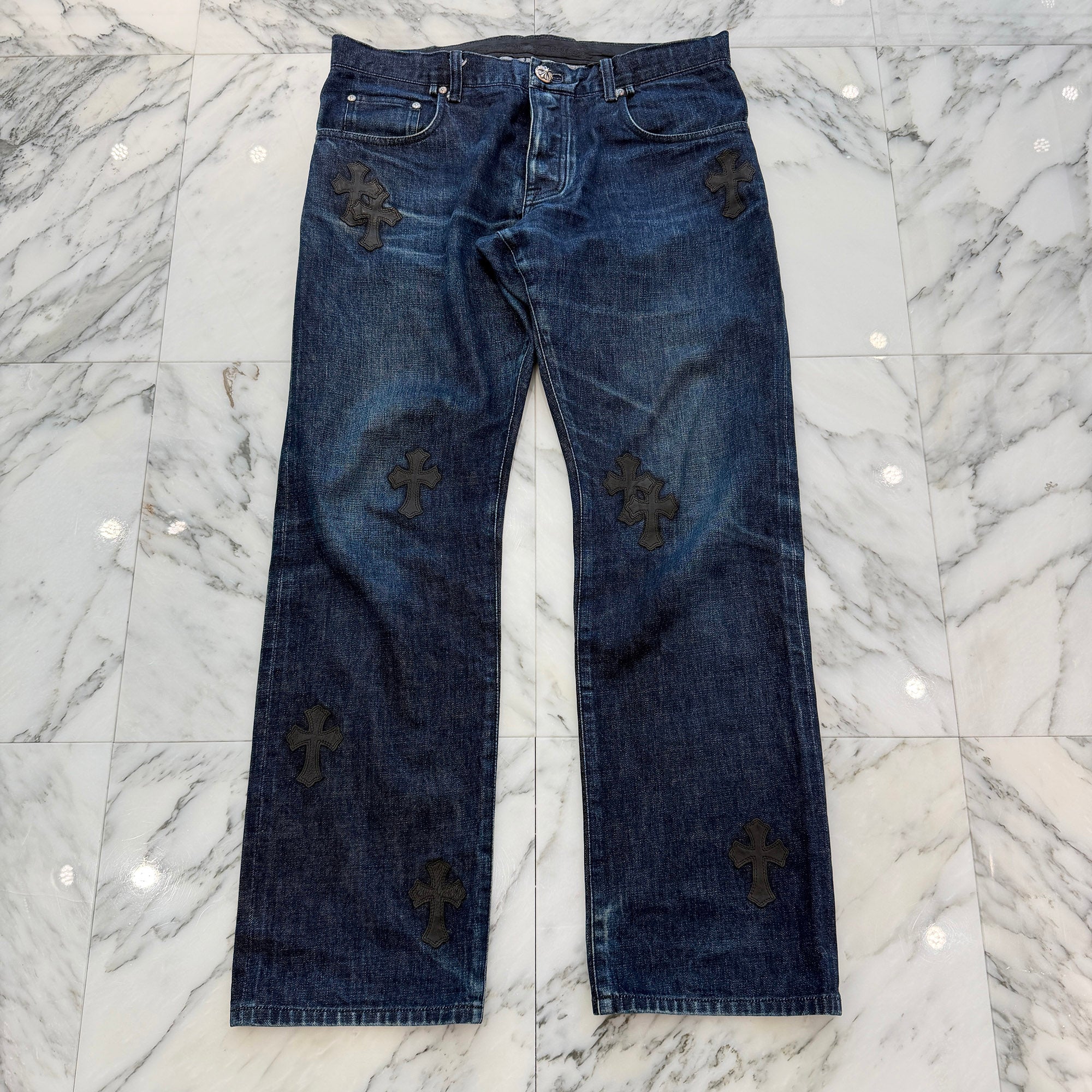 CHROME HEARTS Leather Cross Patch Cross Ball Button Denim Pants Size 36 クロムハーツ レザークロスパッチ クロスボールボタン デニムパンツ サイズ36