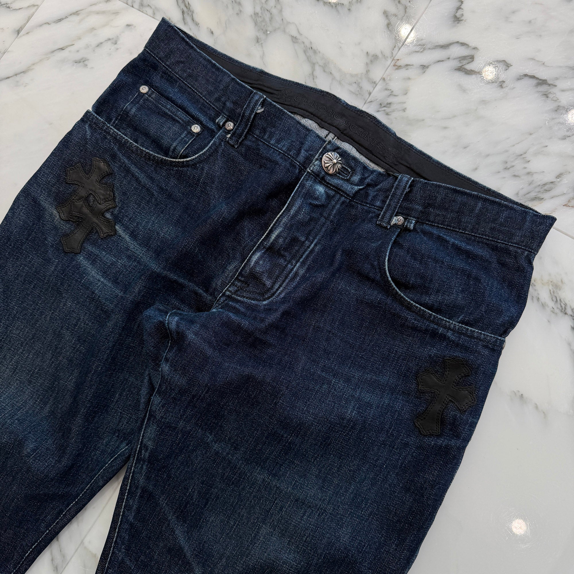CHROME HEARTS Leather Cross Patch Cross Ball Button Denim Pants Size 36 クロムハーツ レザークロスパッチ クロスボールボタン デニムパンツ サイズ36