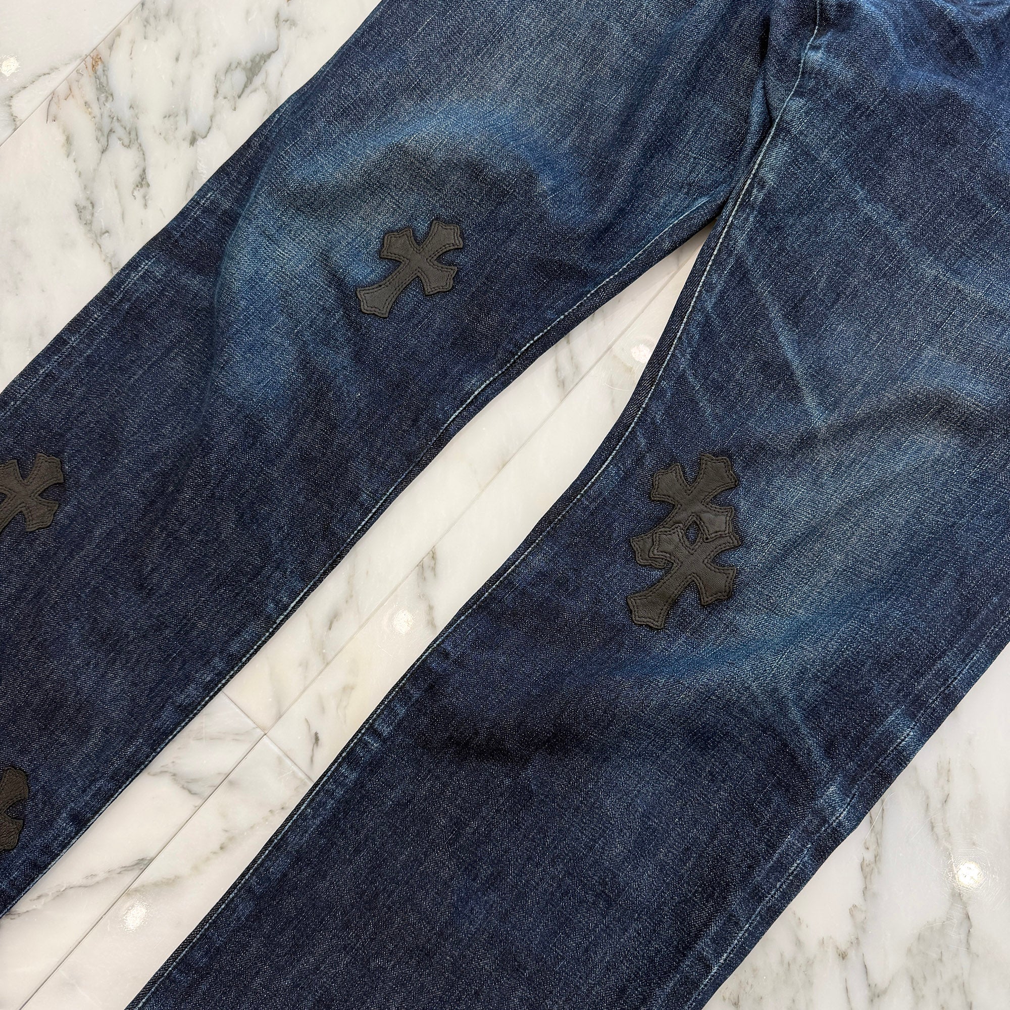 CHROME HEARTS Leather Cross Patch Cross Ball Button Denim Pants Size 36 クロムハーツ レザークロスパッチ クロスボールボタン デニムパンツ サイズ36