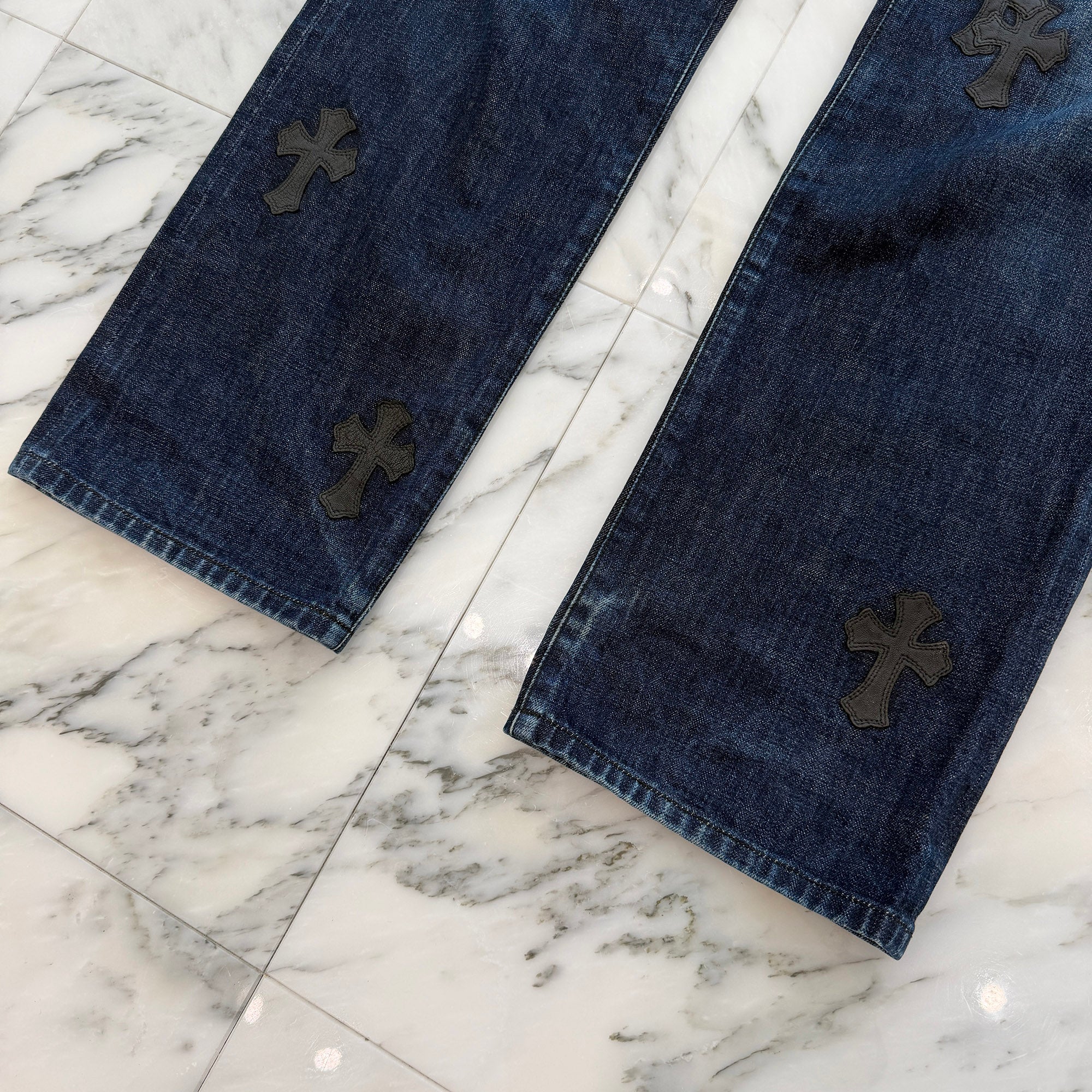 CHROME HEARTS Leather Cross Patch Cross Ball Button Denim Pants Size 36 クロムハーツ レザークロスパッチ クロスボールボタン デニムパンツ サイズ36