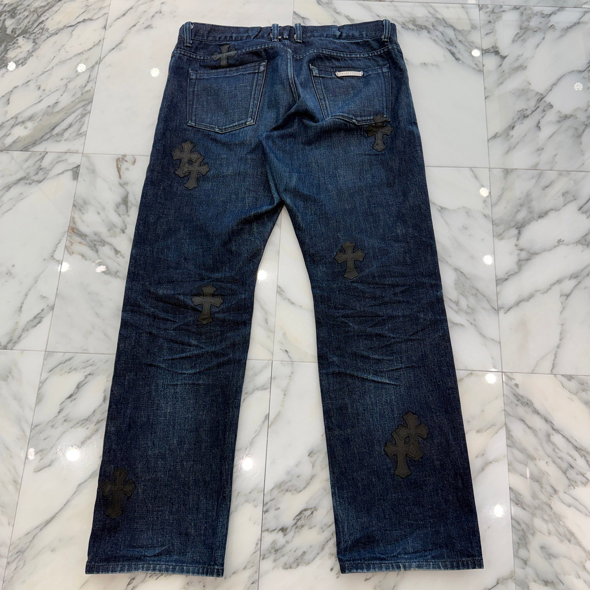 CHROME HEARTS Leather Cross Patch Cross Ball Button Denim Pants Size 36 クロムハーツ レザークロスパッチ クロスボールボタン デニムパンツ サイズ36