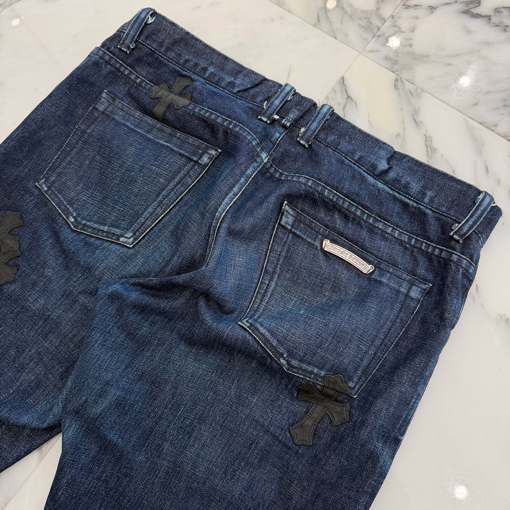 CHROME HEARTS Leather Cross Patch Cross Ball Button Denim Pants Size 36 クロムハーツ レザークロスパッチ クロスボールボタン デニムパンツ サイズ36