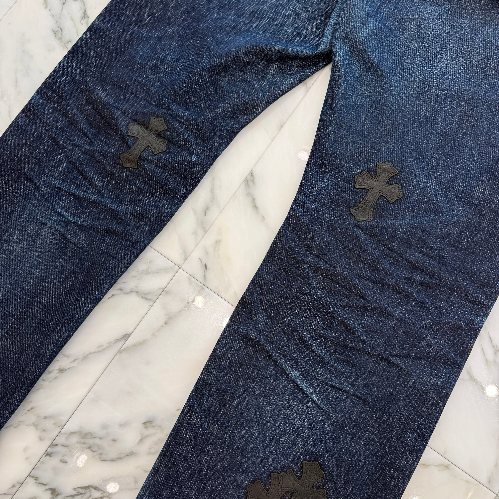 CHROME HEARTS Leather Cross Patch Cross Ball Button Denim Pants Size 36 クロムハーツ レザークロスパッチ クロスボールボタン デニムパンツ サイズ36