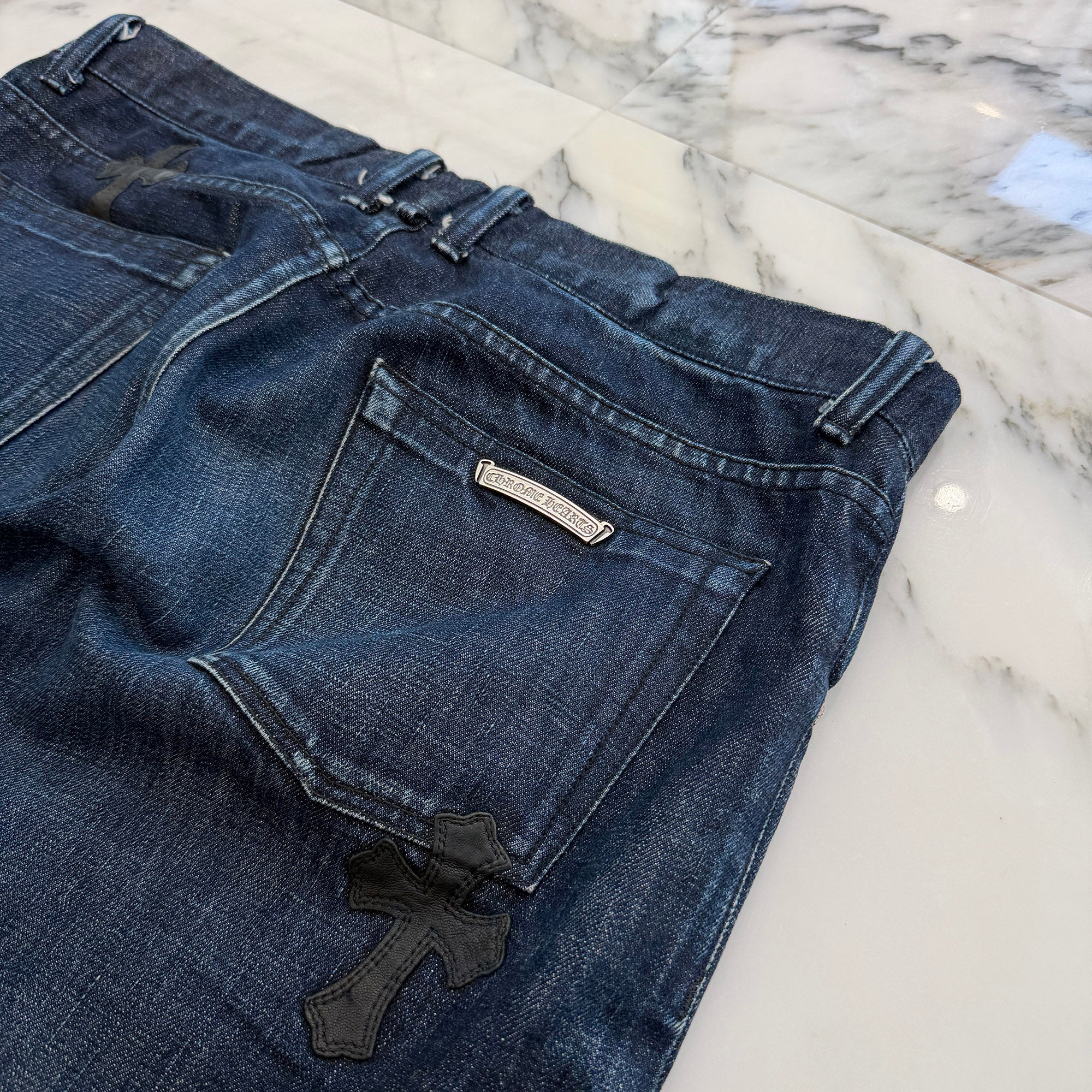 CHROME HEARTS Leather Cross Patch Cross Ball Button Denim Pants Size 36 クロムハーツ レザークロスパッチ クロスボールボタン デニムパンツ サイズ36