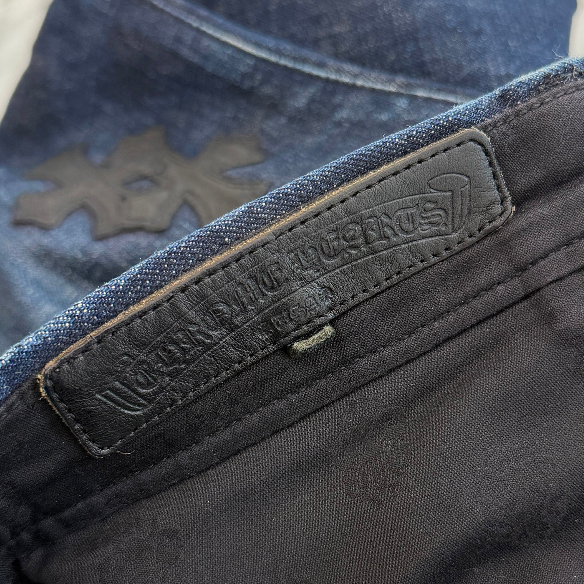 CHROME HEARTS Leather Cross Patch Cross Ball Button Denim Pants Size 36 クロムハーツ レザークロスパッチ クロスボールボタン デニムパンツ サイズ36