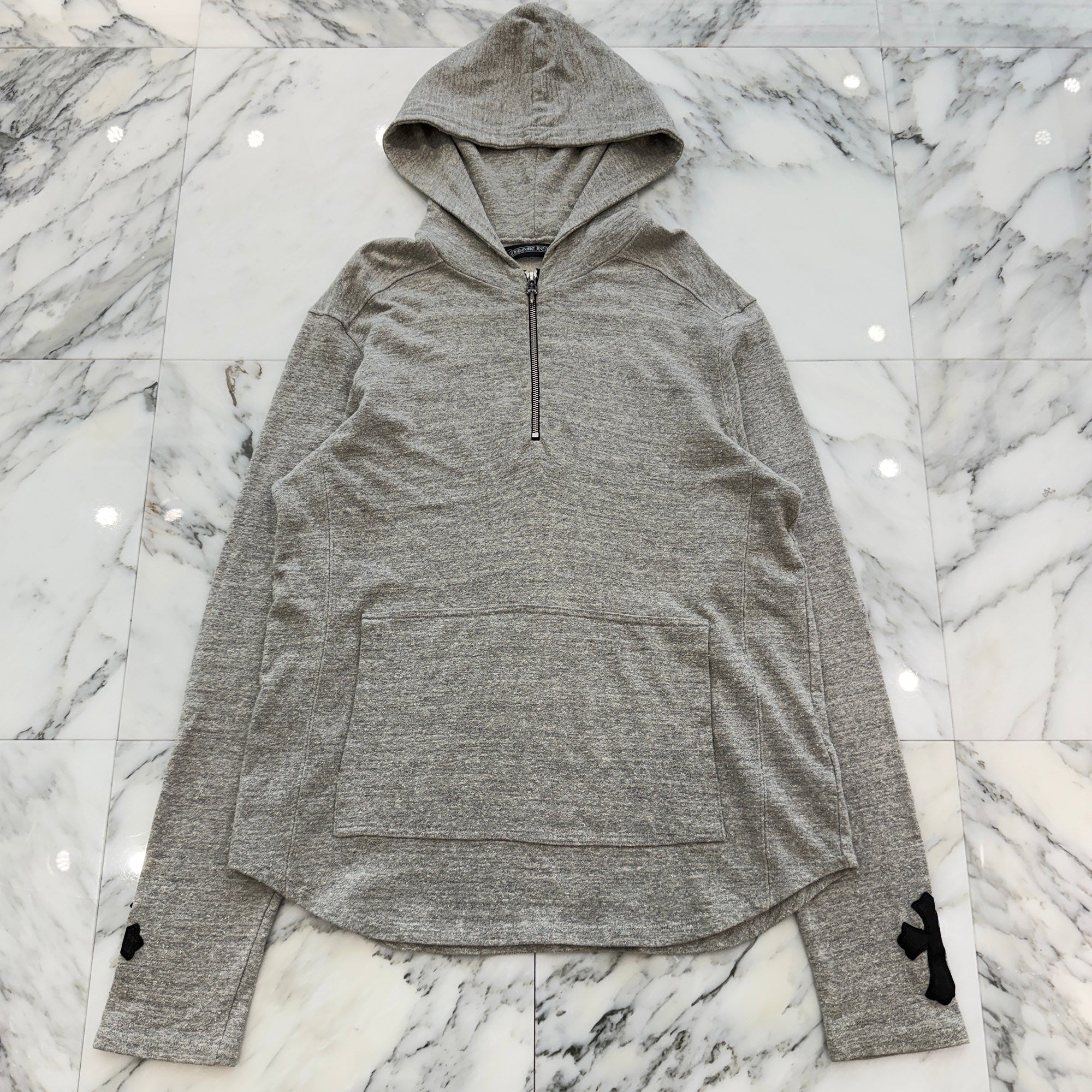 CHROME HEARTS Half Zip Leather Cross Patch Pullover Hoodie Size L