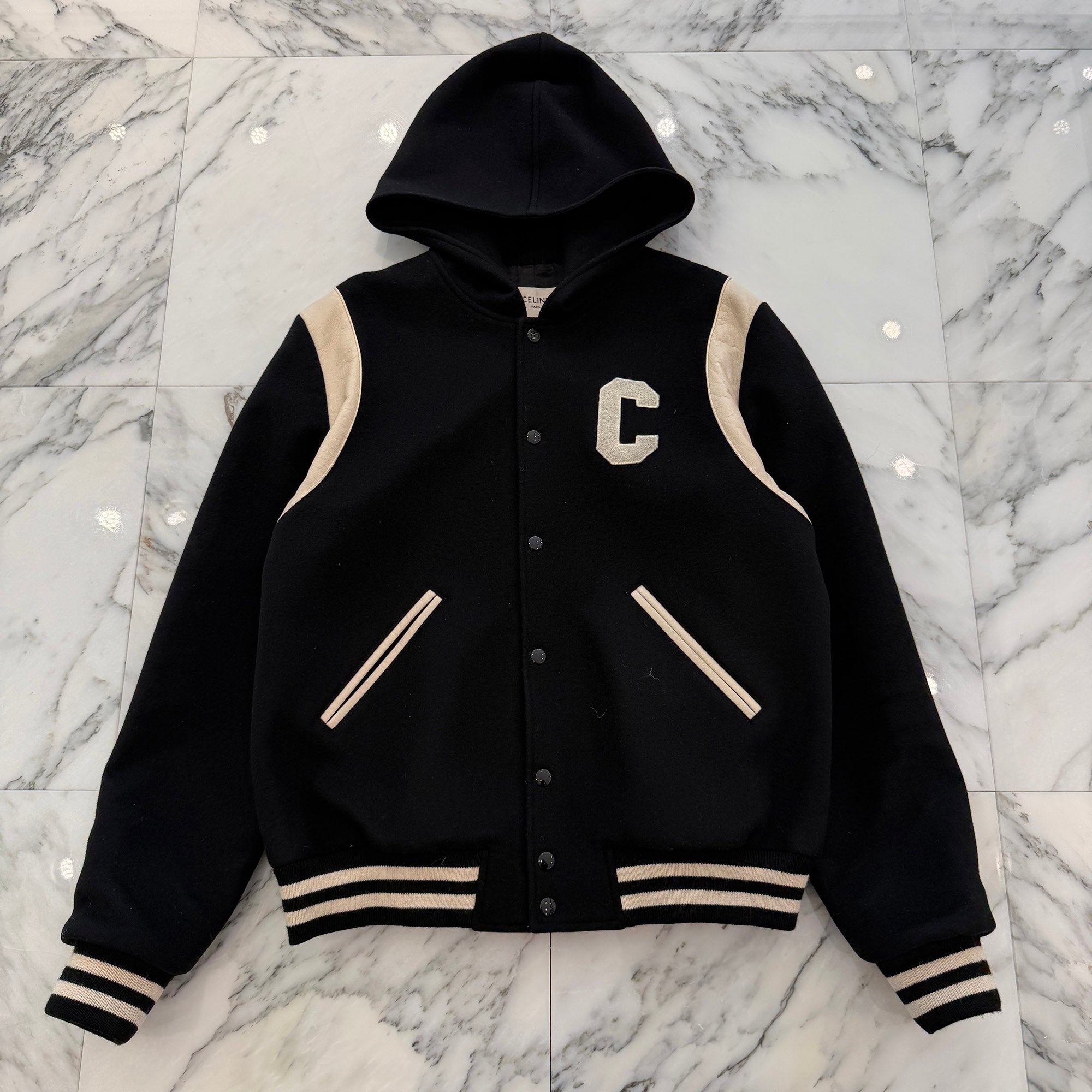 CELINE 2024SS Hooded Teddy Versity Bomber Jacket 2V98M110R.38NO Size 48 セリーヌ フーデット テディ バーシティ ボンバージャケット サイズ48