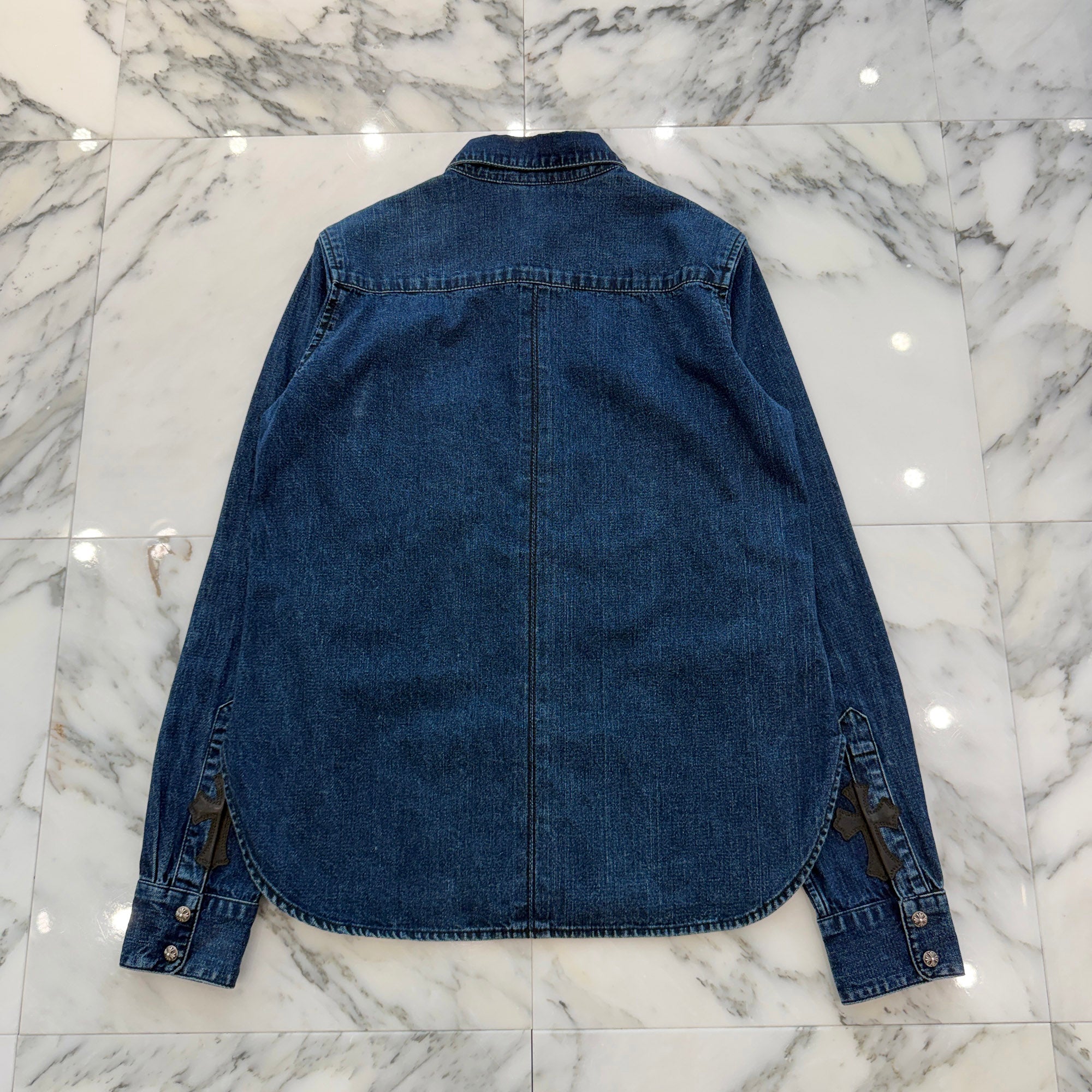 CHROME HEARTS Y NOT Loose Ends Leather Cross Patch Denim Shirt Size L クロムハーツ ワイノット ルーズエンド レザークロスパッチ デニムシャツ サイズL