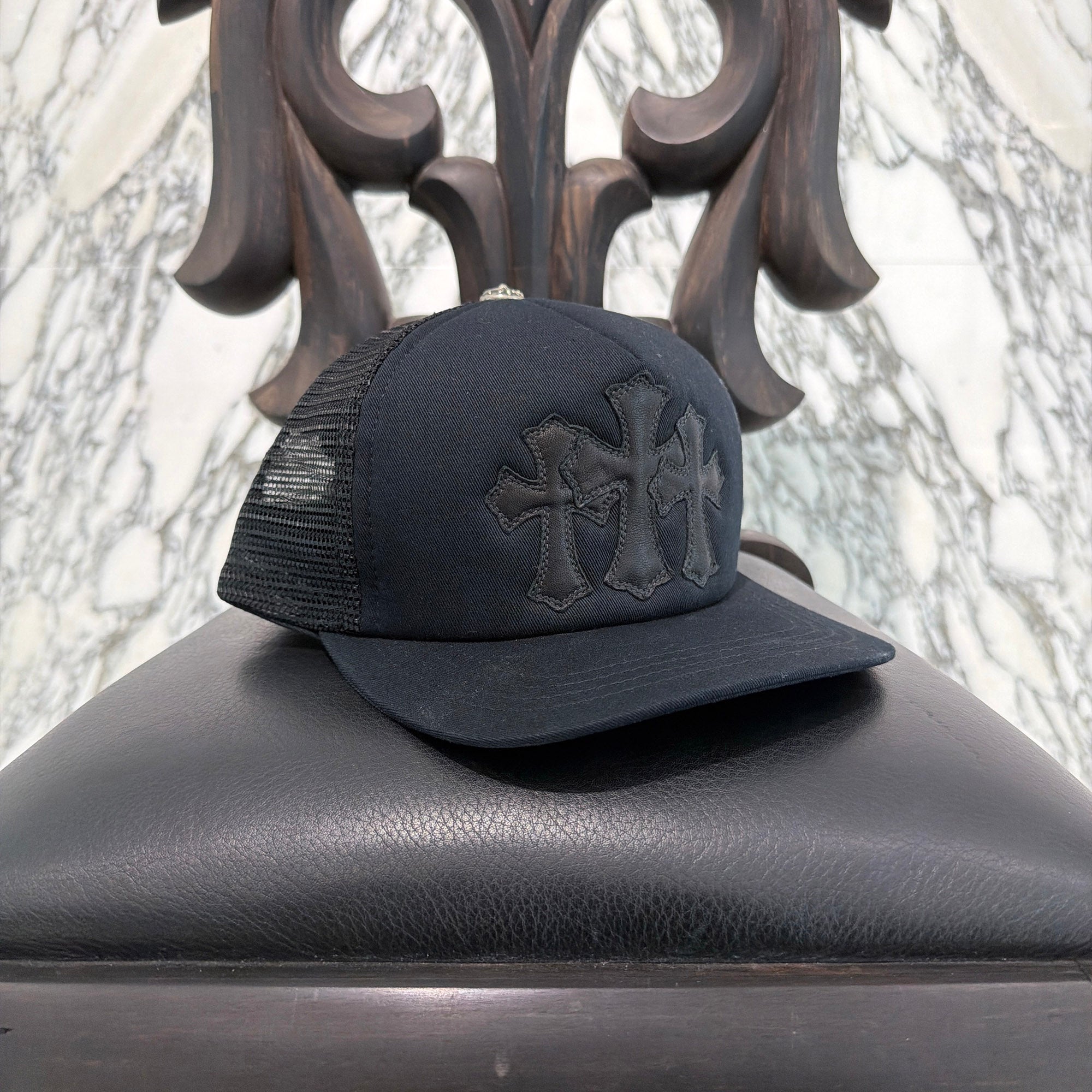 CHROME HEARTS Triple Cross Leather Patch Trucker Cap ONE SIZE (51