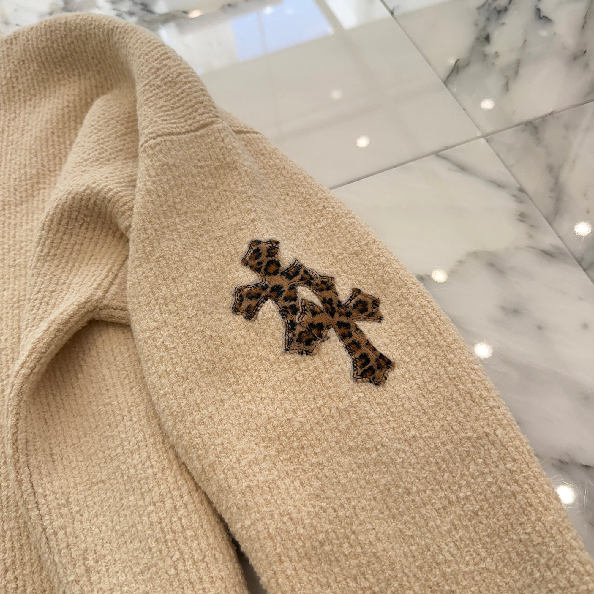 CHROME HEARTS YNOT Leopard Harako Leather Cross Patch High Neck Knit Sweater Size XSM/SML クロムハーツ ワイノット レオパード ハラコレザークロスパッチ ハイネック ニットセーター サイズXSM/SML