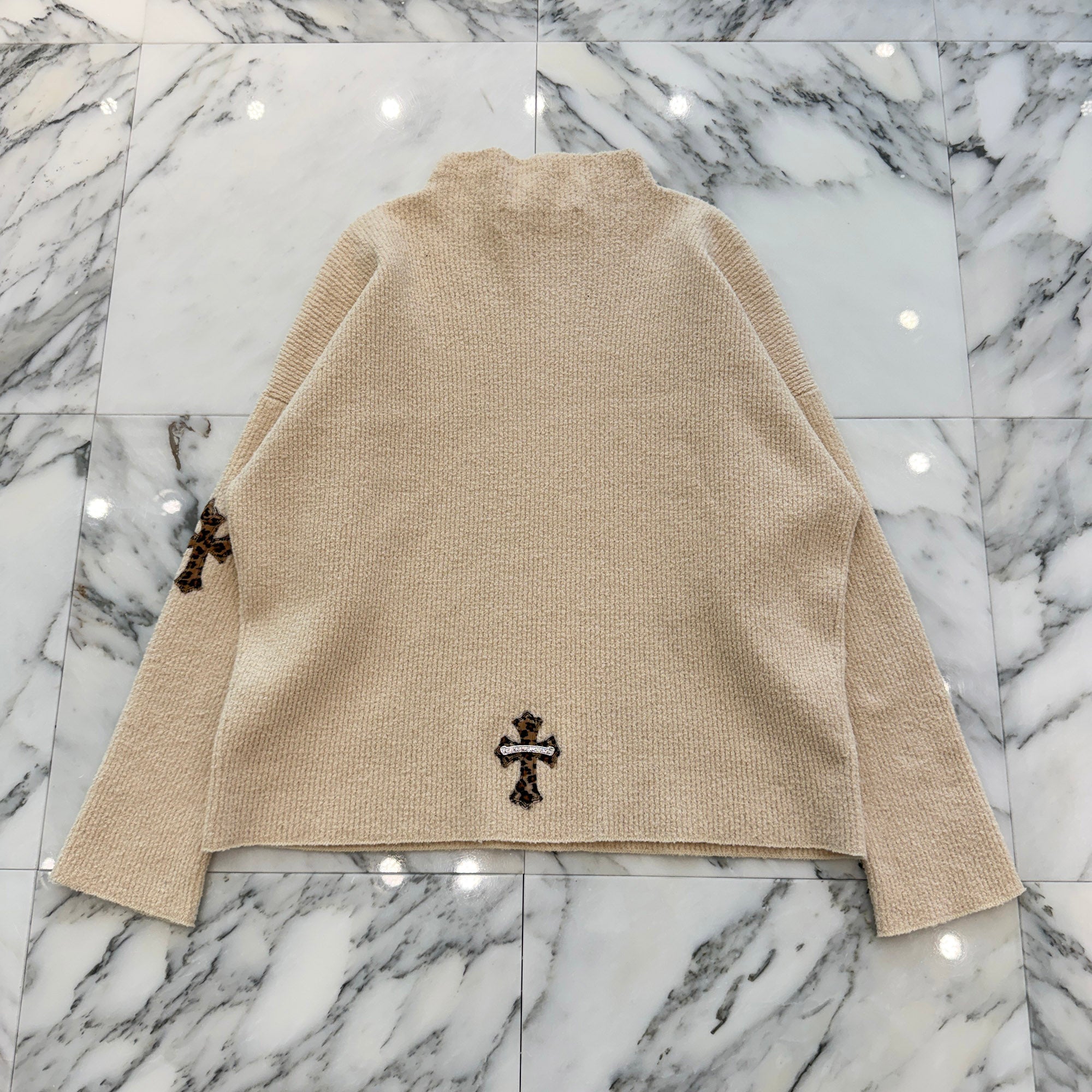 CHROME HEARTS YNOT Leopard Harako Leather Cross Patch High Neck Knit Sweater Size XSM/SML クロムハーツ ワイノット レオパード ハラコレザークロスパッチ ハイネック ニットセーター サイズXSM/SML
