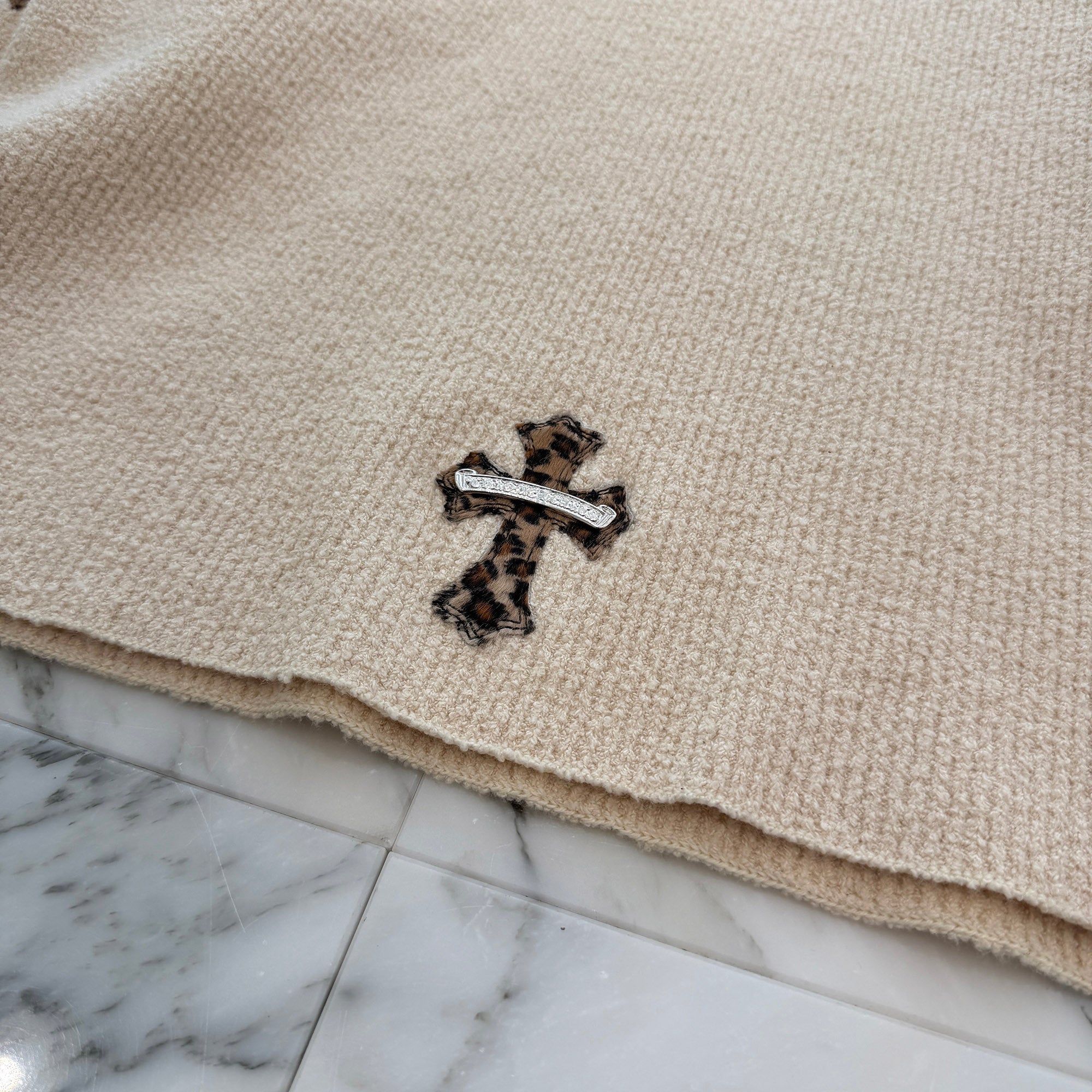 CHROME HEARTS YNOT Leopard Harako Leather Cross Patch High Neck Knit Sweater Size XSM/SML クロムハーツ ワイノット レオパード ハラコレザークロスパッチ ハイネック ニットセーター サイズXSM/SML