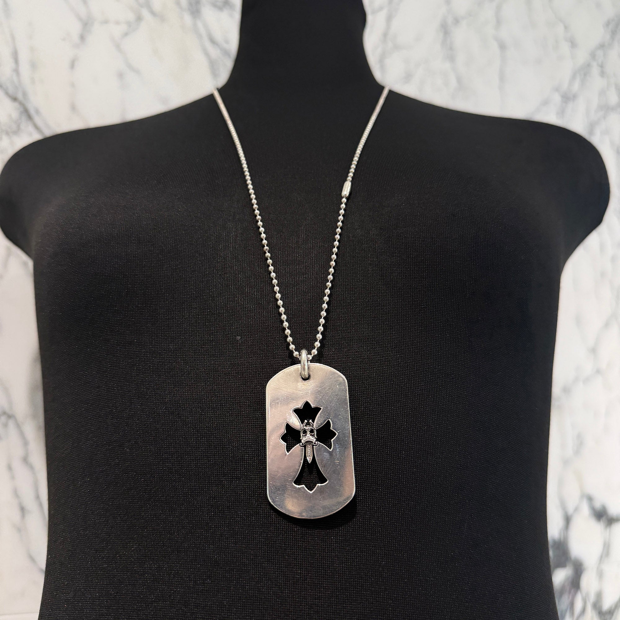 CHROME HEARTS Cut Out Cross Dagger Dock Tag Large Pendant Necklace & Ball Chain クロムハーツ カットアウトクロス ダガー ドッグタグ ラージ ペンダント & ボールチェーン