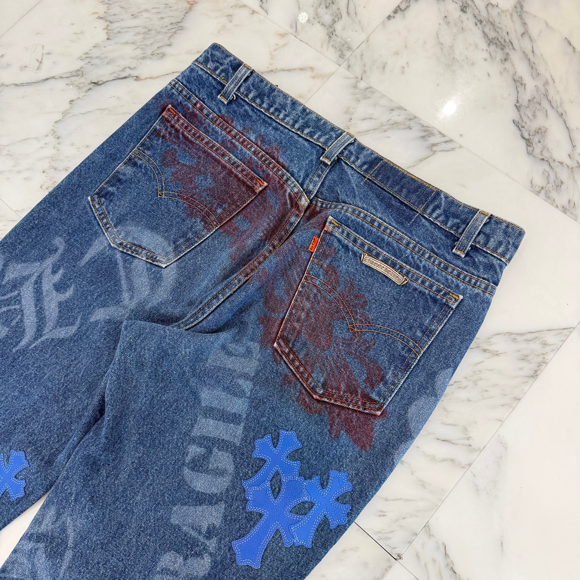 CHROME HEARTS × Levi's VNTG Stencil Cemetery Cross Leather Patch Denim Pants Size 34 クロムハーツ × リーバイス ヴィンテージ ステンシル柄 セメタリークロス レザーパッチ デニムパンツ サイズ34