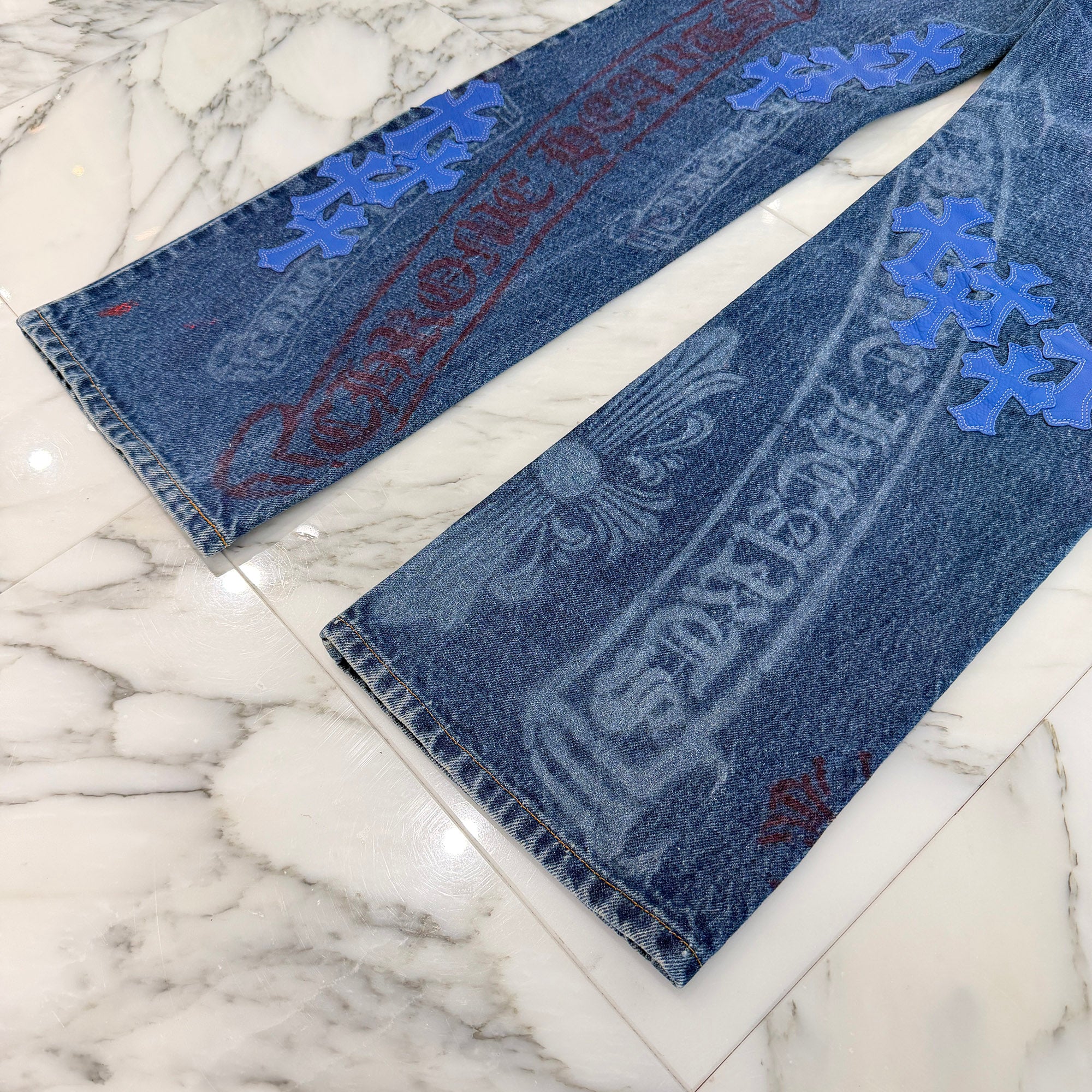 CHROME HEARTS × Levi's VNTG Stencil Cemetery Cross Leather Patch Denim Pants Size 34 クロムハーツ × リーバイス ヴィンテージ ステンシル柄 セメタリークロス レザーパッチ デニムパンツ サイズ34
