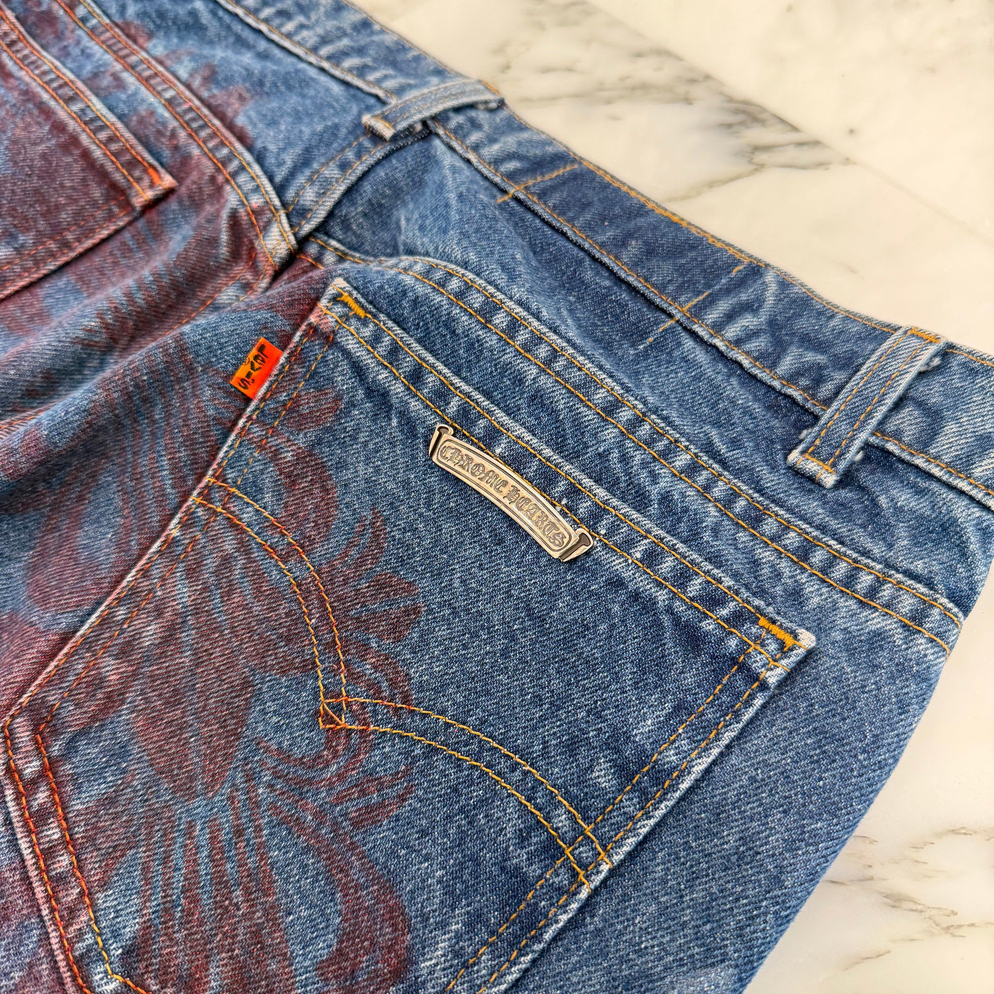CHROME HEARTS × Levi's VNTG Stencil Cemetery Cross Leather Patch Denim Pants Size 34 クロムハーツ × リーバイス ヴィンテージ ステンシル柄 セメタリークロス レザーパッチ デニムパンツ サイズ34