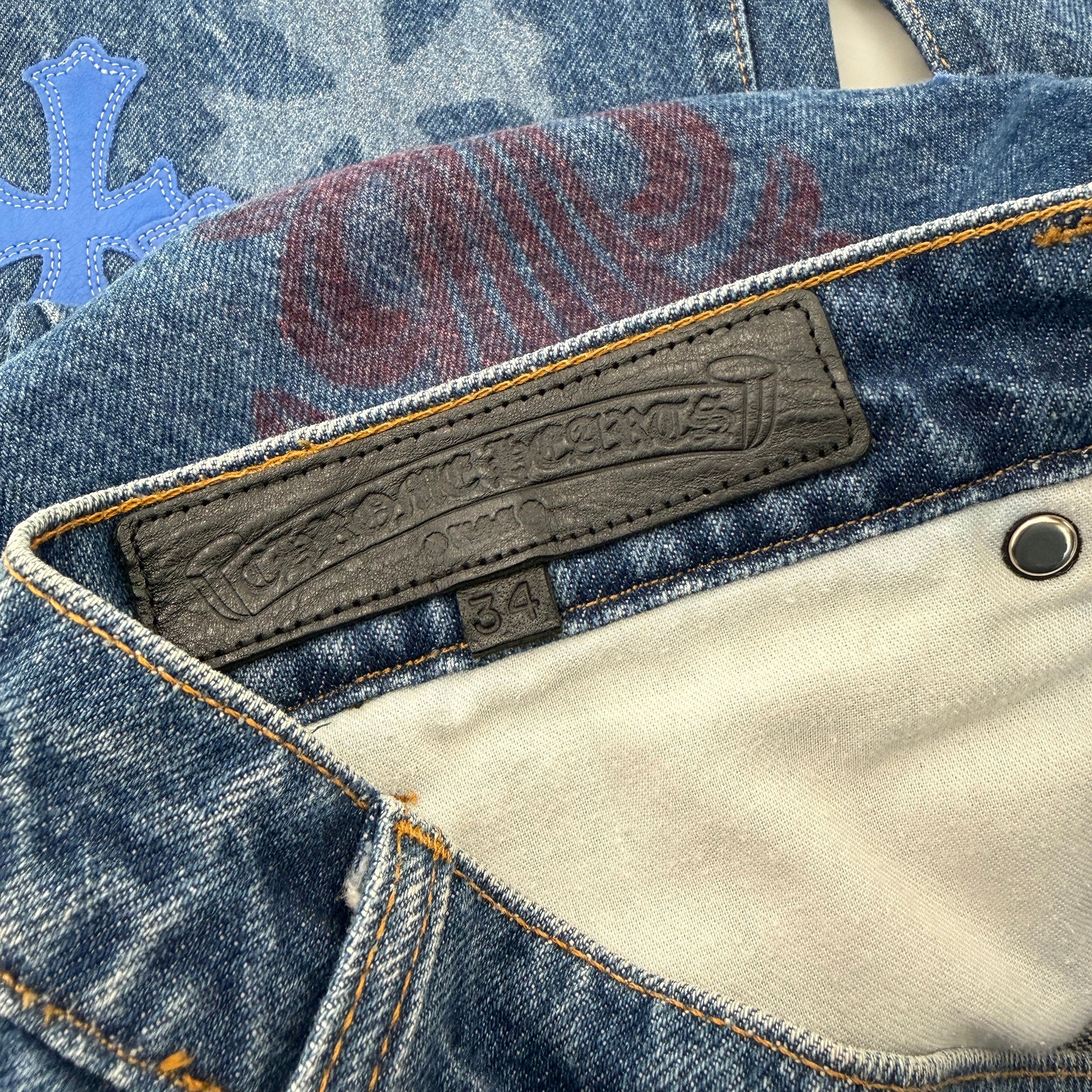 CHROME HEARTS × Levi's VNTG Stencil Cemetery Cross Leather Patch Denim Pants Size 34 クロムハーツ × リーバイス ヴィンテージ ステンシル柄 セメタリークロス レザーパッチ デニムパンツ サイズ34