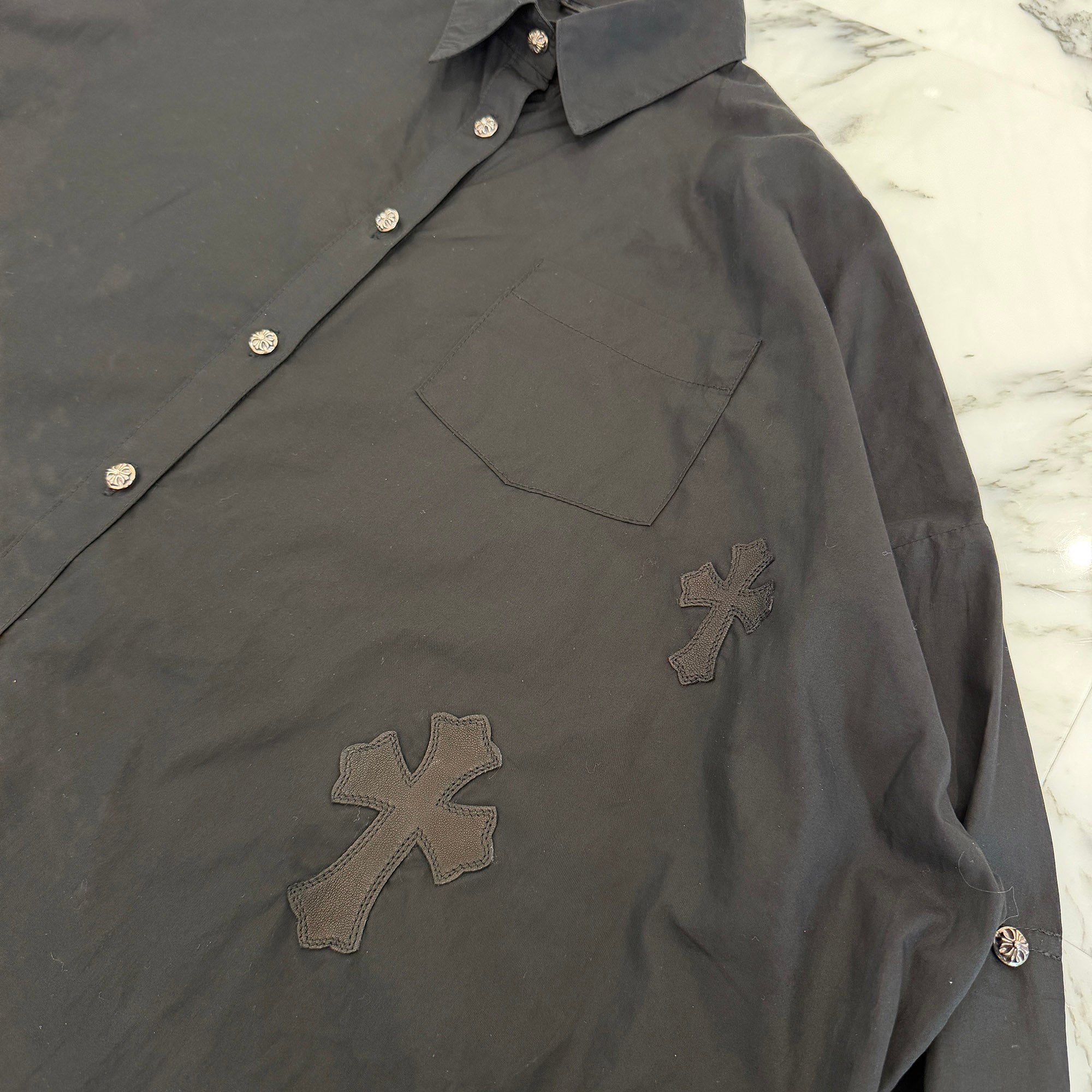 CHROME HEARTS YNOT Mahal Kita Cross Leather Patch Shirt Size M クロムハーツ ワイノット マハルキタ クロスレザーパッチ シャツ サイズM