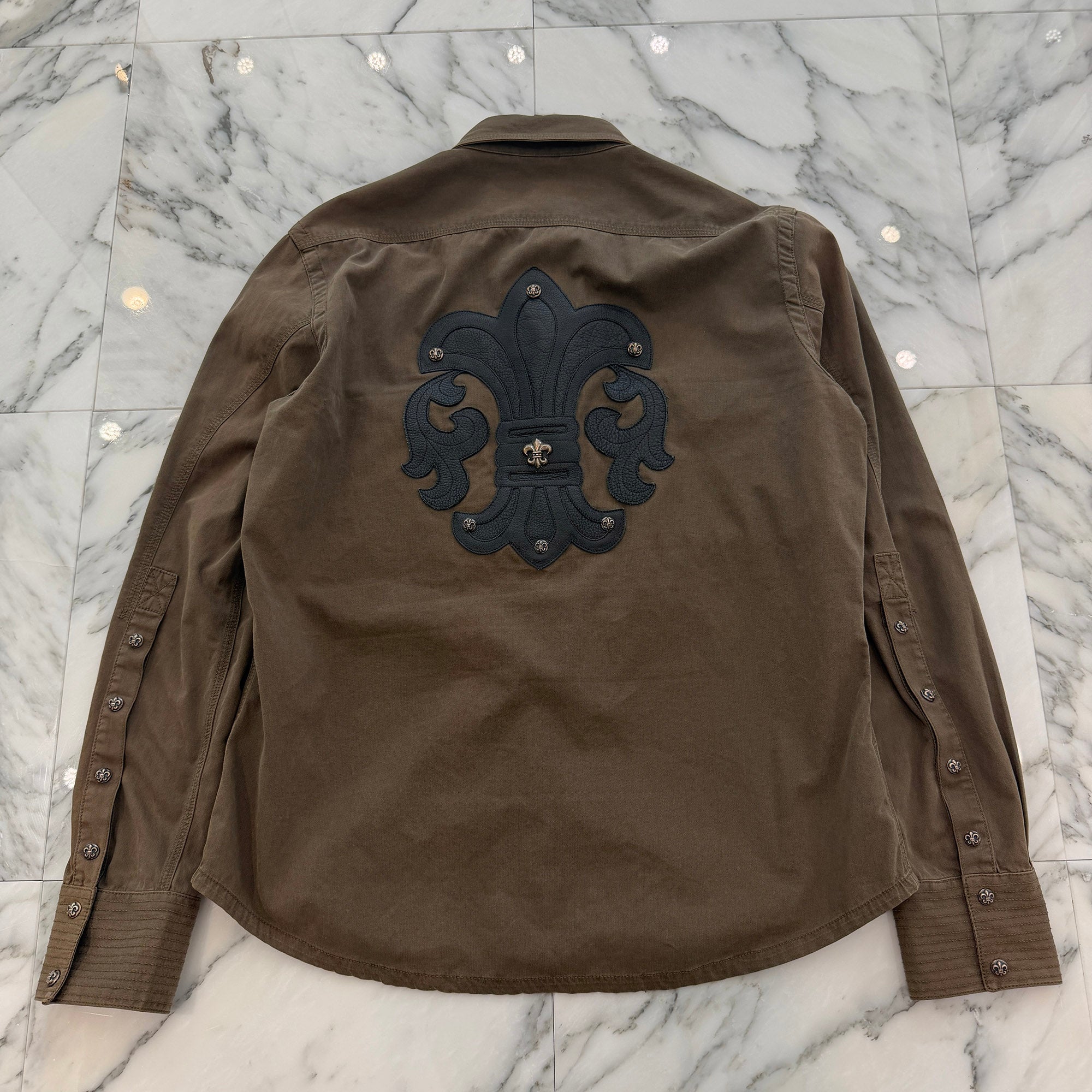 CHROME HEARTS BS Flare Leather Patch Army Shirt Jacket Size L クロムハーツ BSフレア レザーパッチ アーミーシャツジャケット サイズL
