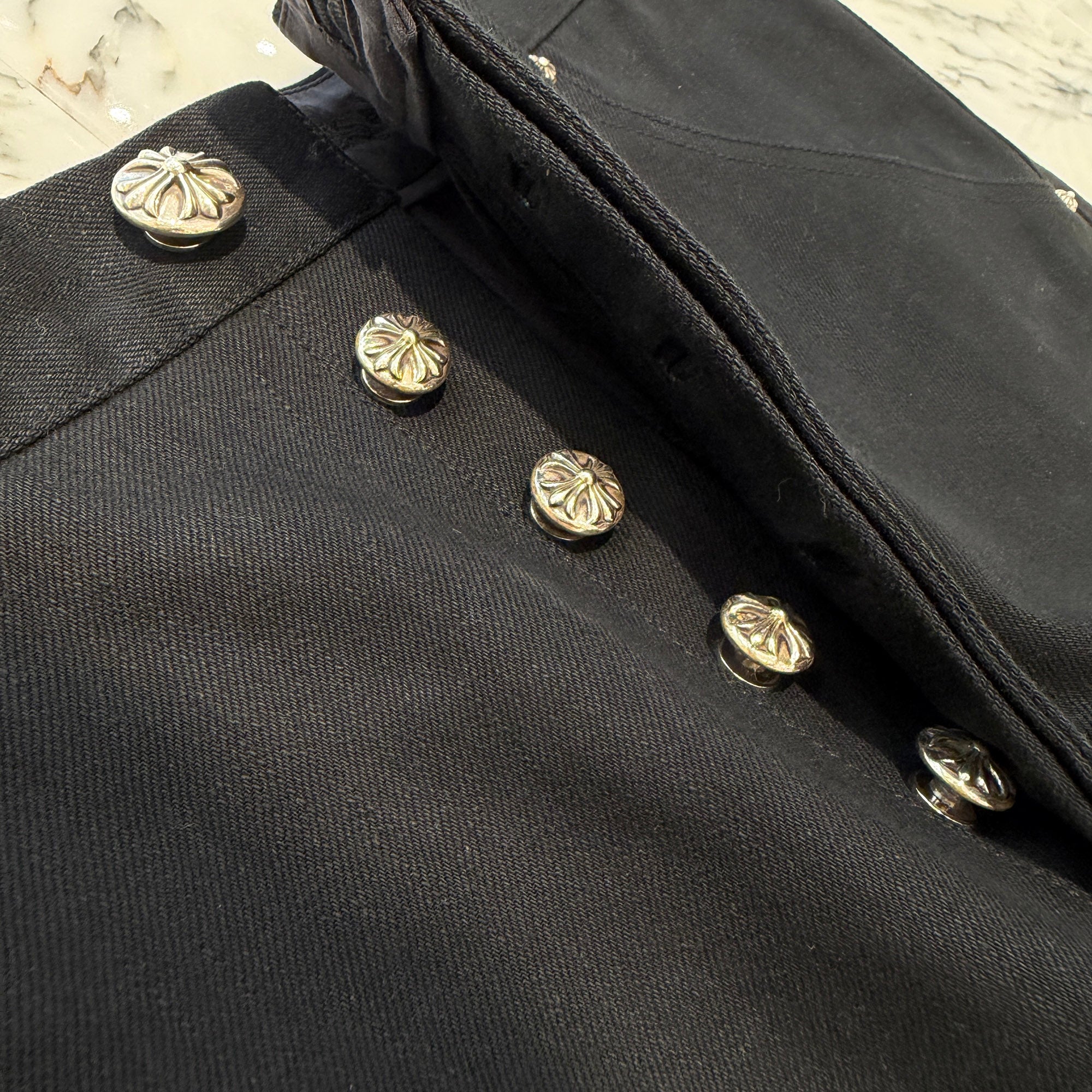 CHROME HEARTS Ankle Straps Cross Ball Button Wide Leg Denim Pants Size 34 クロムハーツ アンクルストラップ クロスボールボタン ワイドレッグ デニムパンツ サイズ34